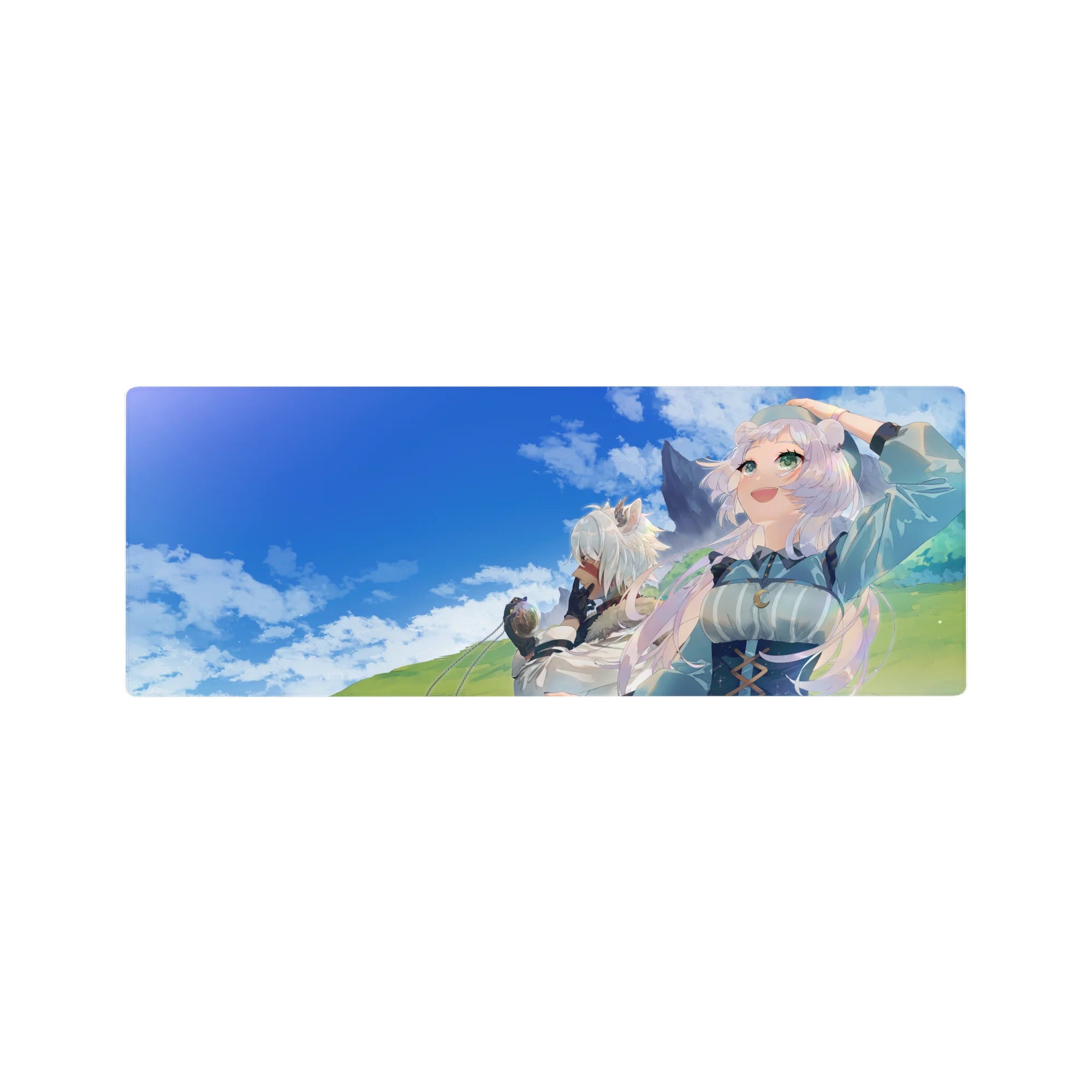 Anime girl mouse pad 32x12 inches with two white-haired girls on green hills under a bright blue sky.