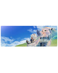 Anime girl mouse pad 32x12 inches with two white-haired girls on green hills under a bright blue sky.