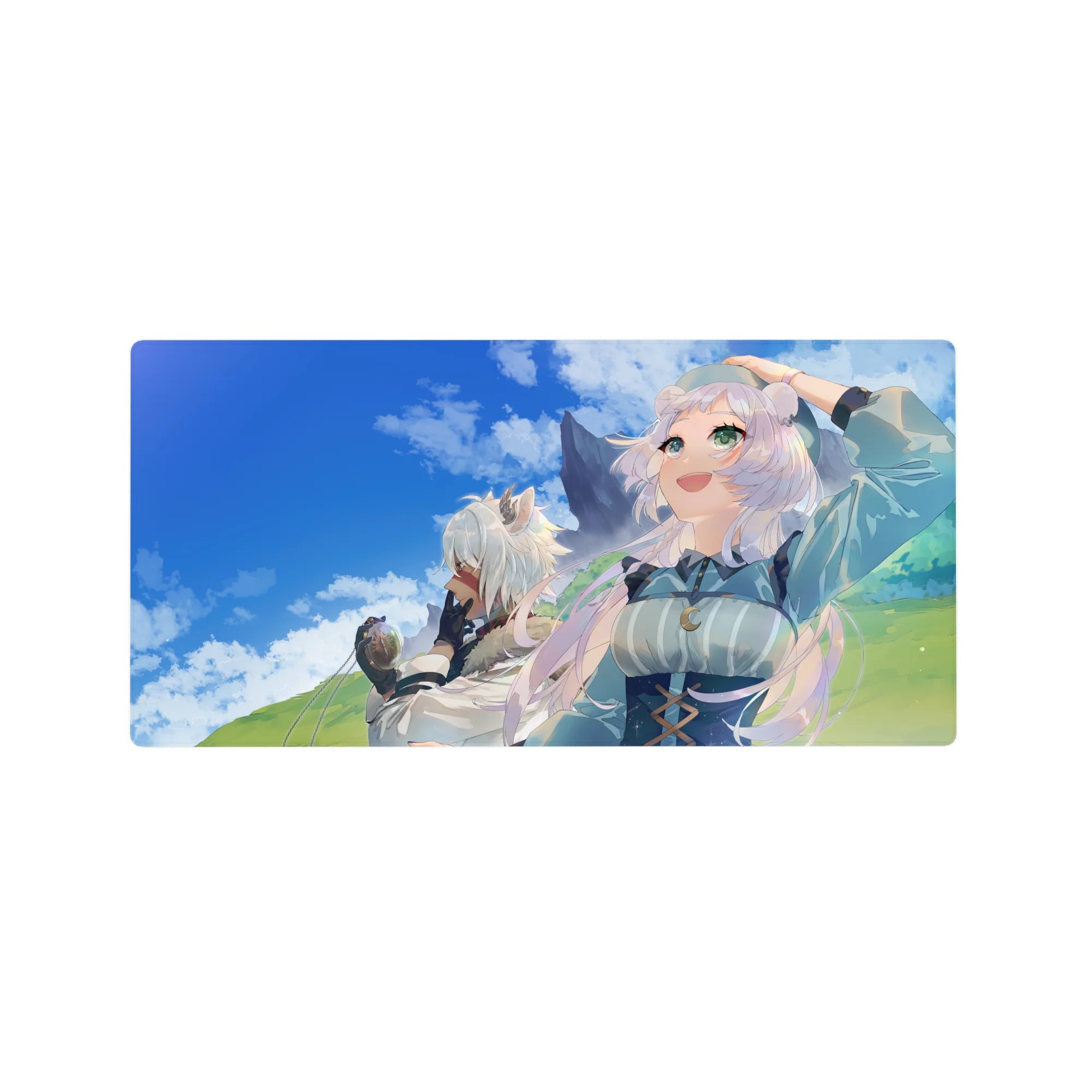 Cozy fantasy anime girl mouse pad, 32x16 inches, sky-blue backdrop and green hills with two white-haired girls.