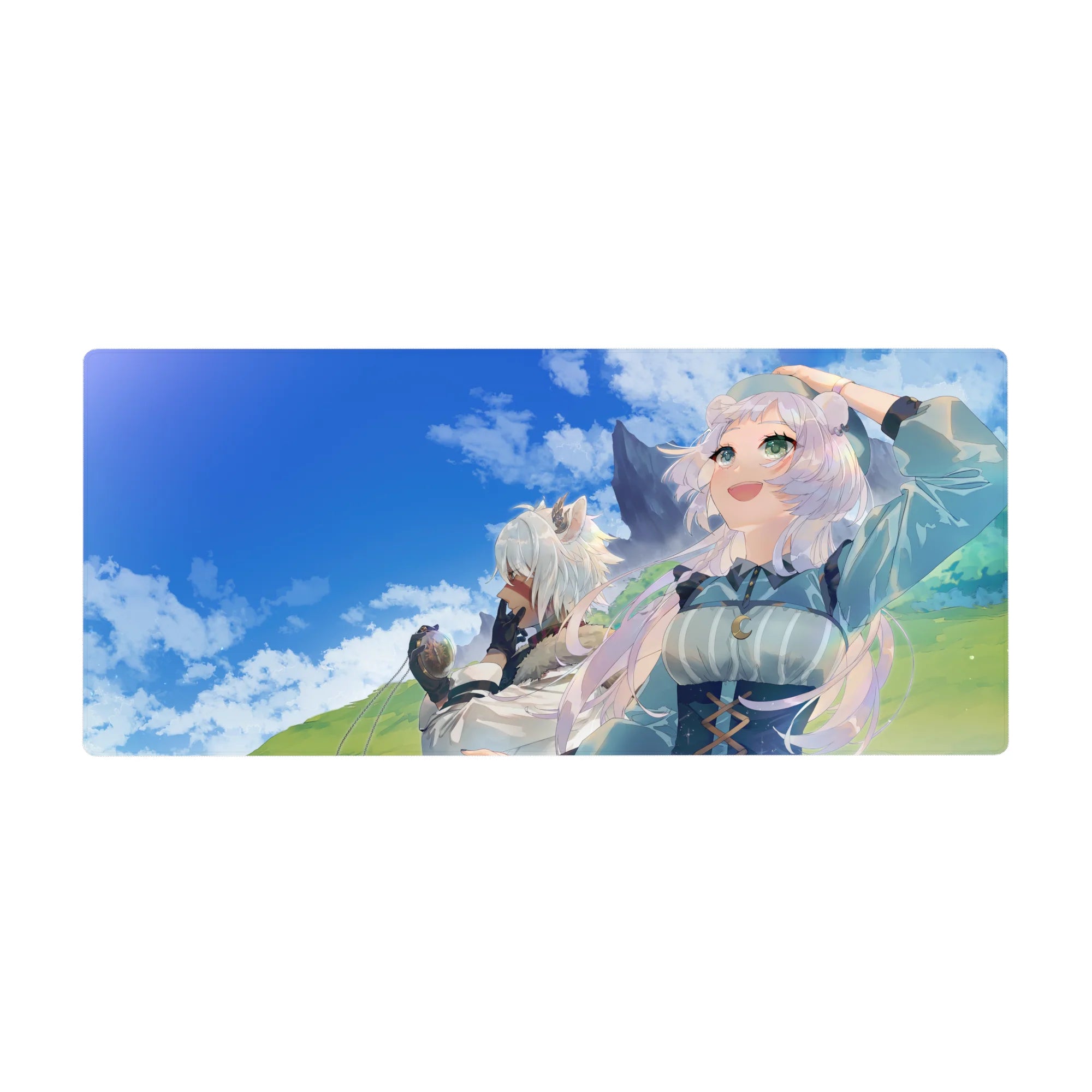Anime girl desk pad 36x16 inches with two white-haired fantasy girls on green hills under blue sky.