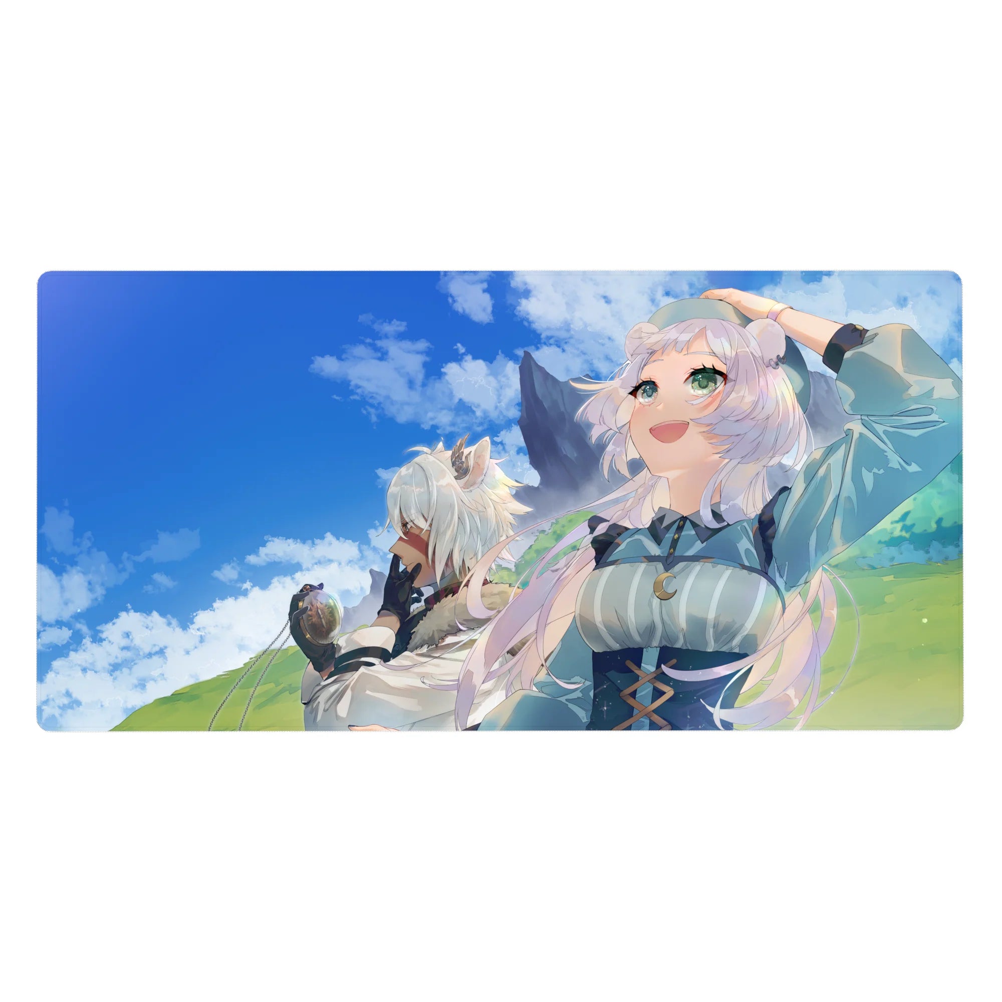 40x20 inches anime girl desk pad with two white-haired girls on green hills under a bright blue sky.