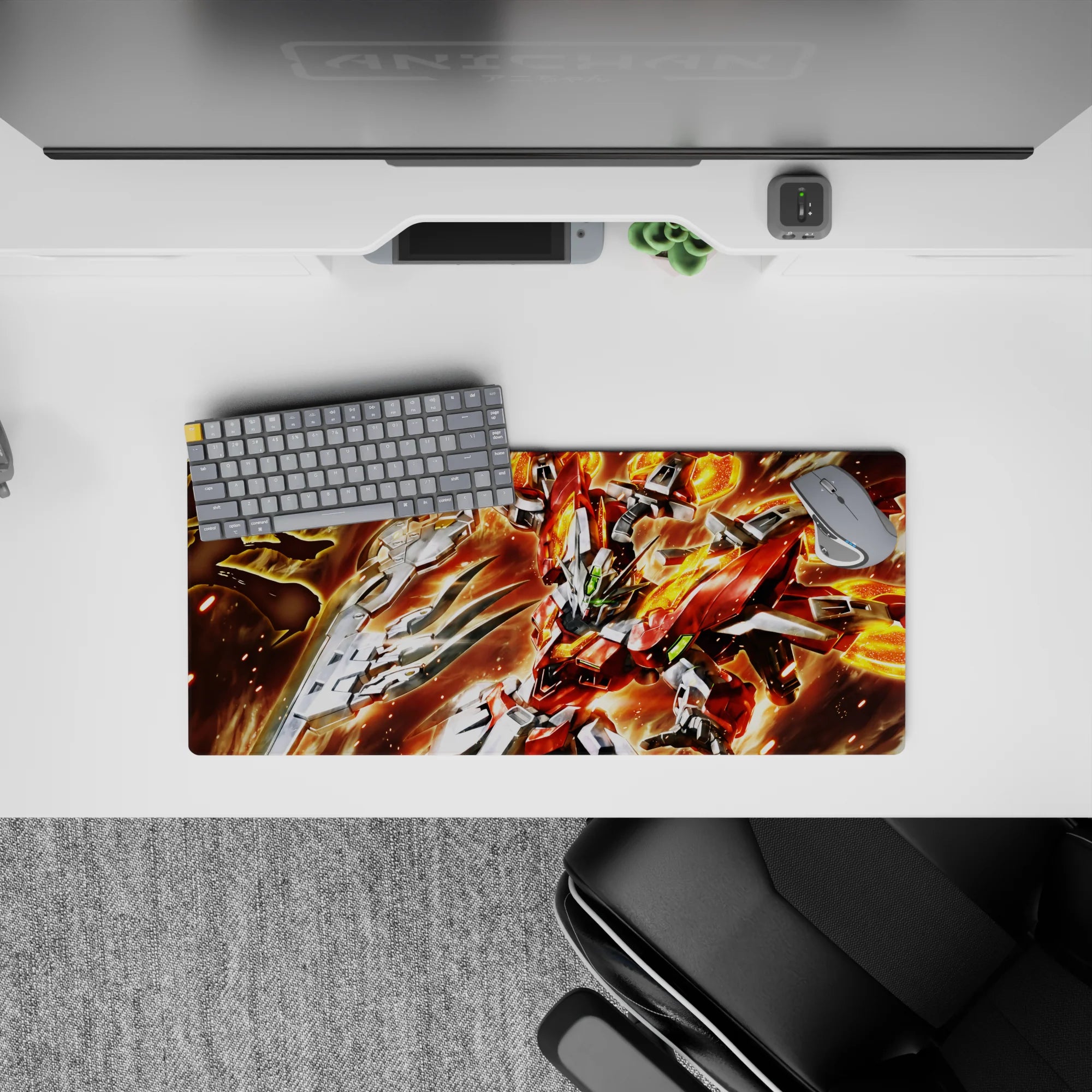 28x12 inches anime mouse pad in hot reds and molten oranges with sharp silver armor, chaos energy vibe.