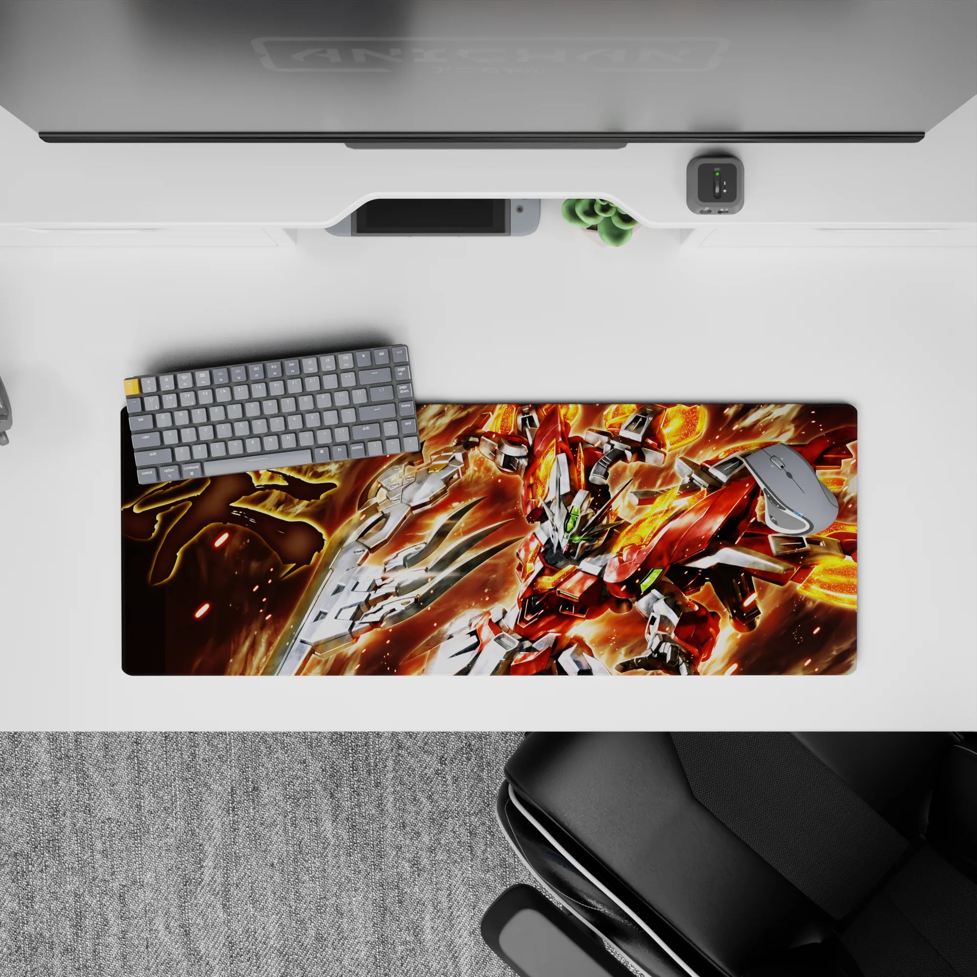 32x12 inches anime mouse pad in hot reds and molten oranges with sharp silver armor and chaos vibes.