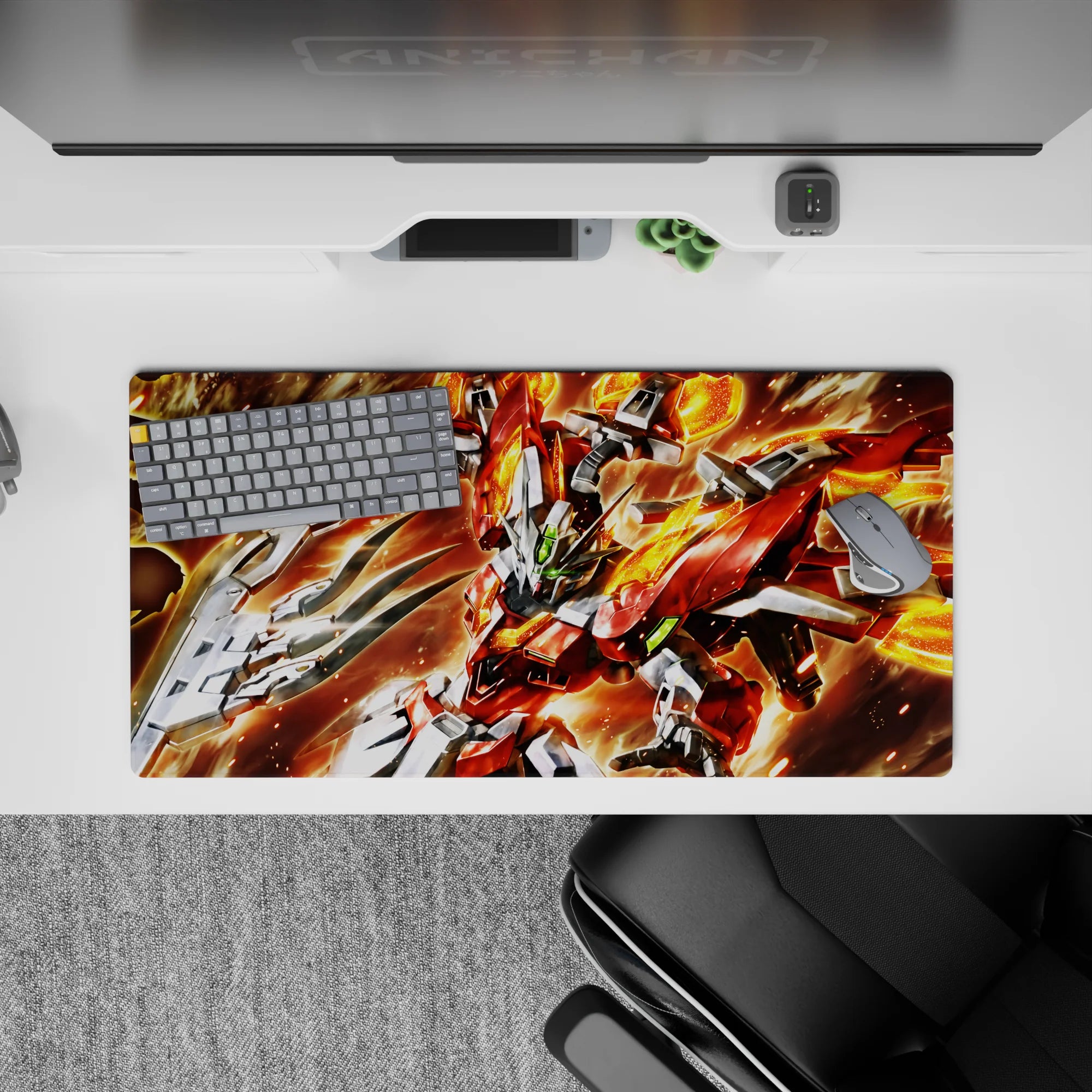 32x16 inches anime mouse pad in hot reds, molten oranges, sharp silvers, and vivid green eyes, chaos vibe.
