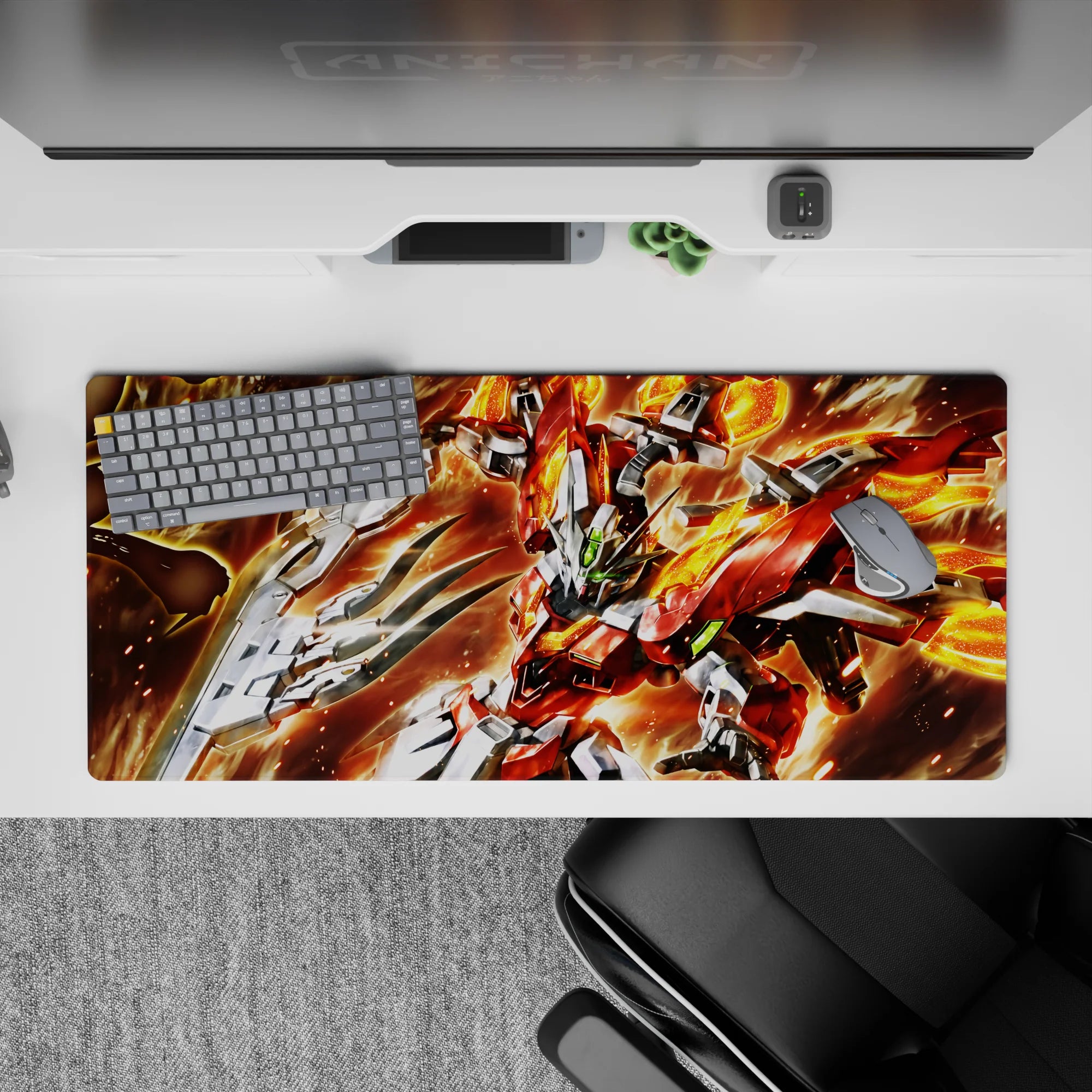 36x16 inches anime mouse pad in hot reds and molten oranges with sharp silvers and neon green eye glow.