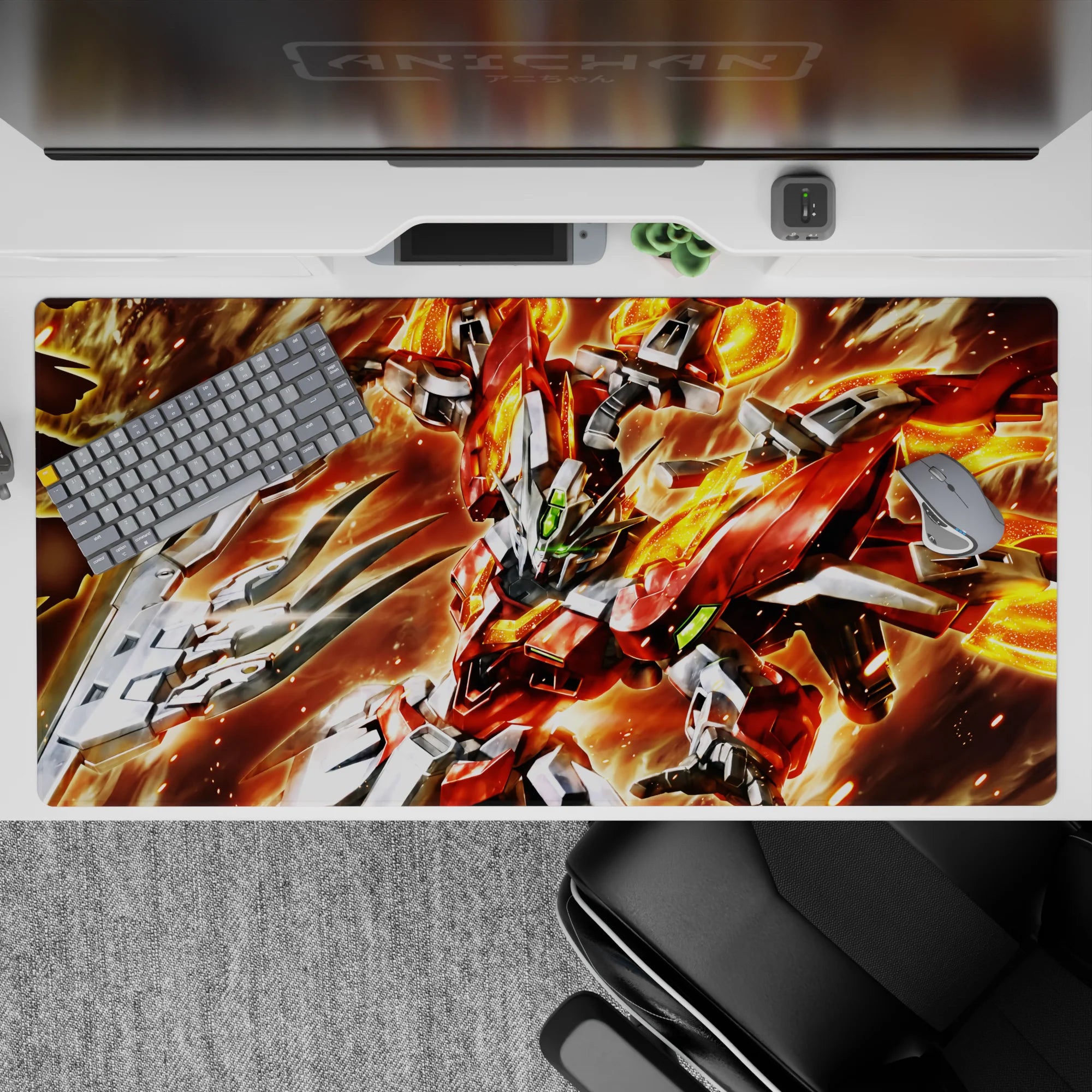 40x20 inches anime mouse pad in hot reds and molten oranges with sharp silver armor and neon green eyes.