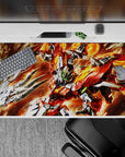 40x20 inches anime mouse pad in hot reds and molten oranges with sharp silver armor and neon green eyes.