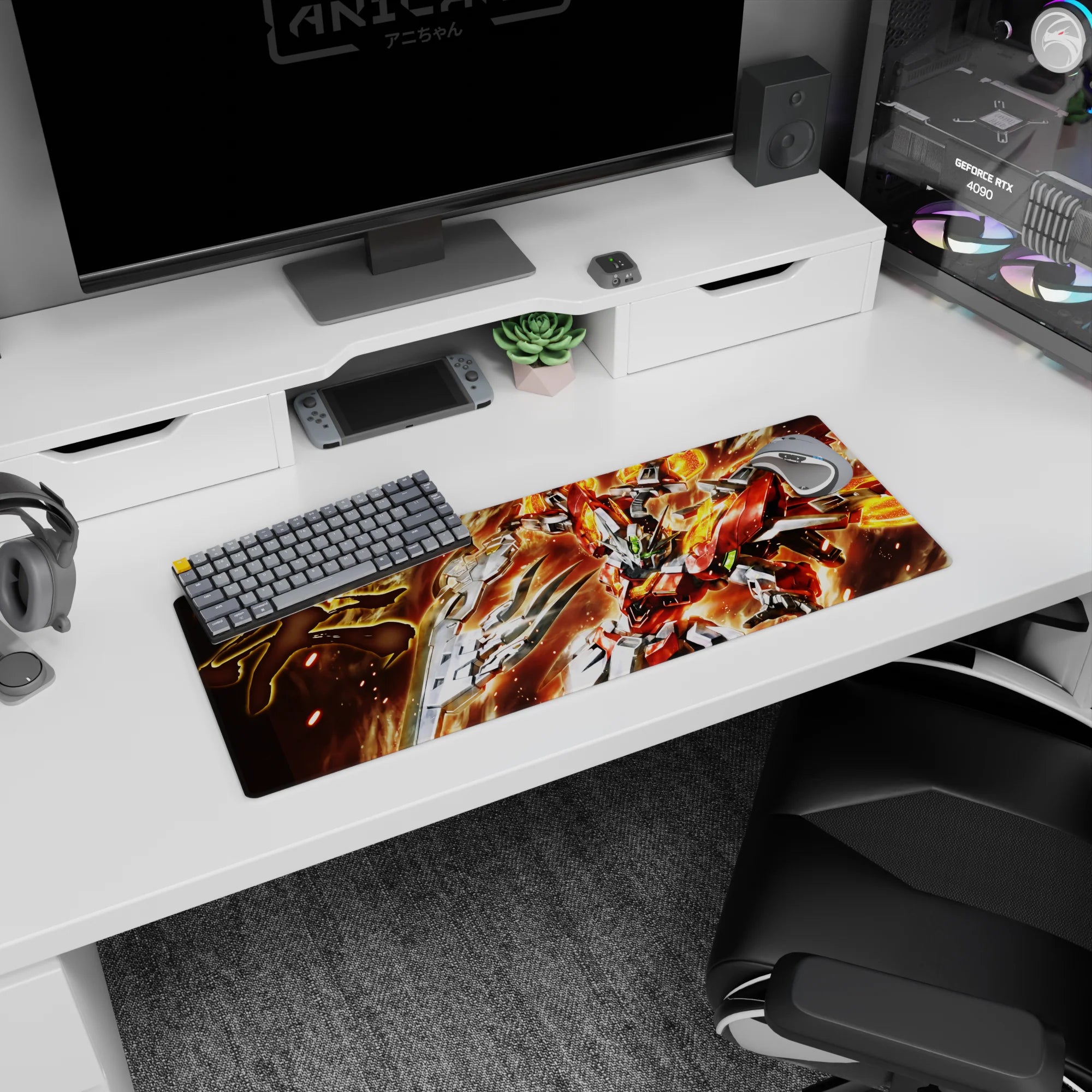 32x12 inches Gundam Build Fighters mouse pad, Build Burning Gundam punching through sparks and heat.