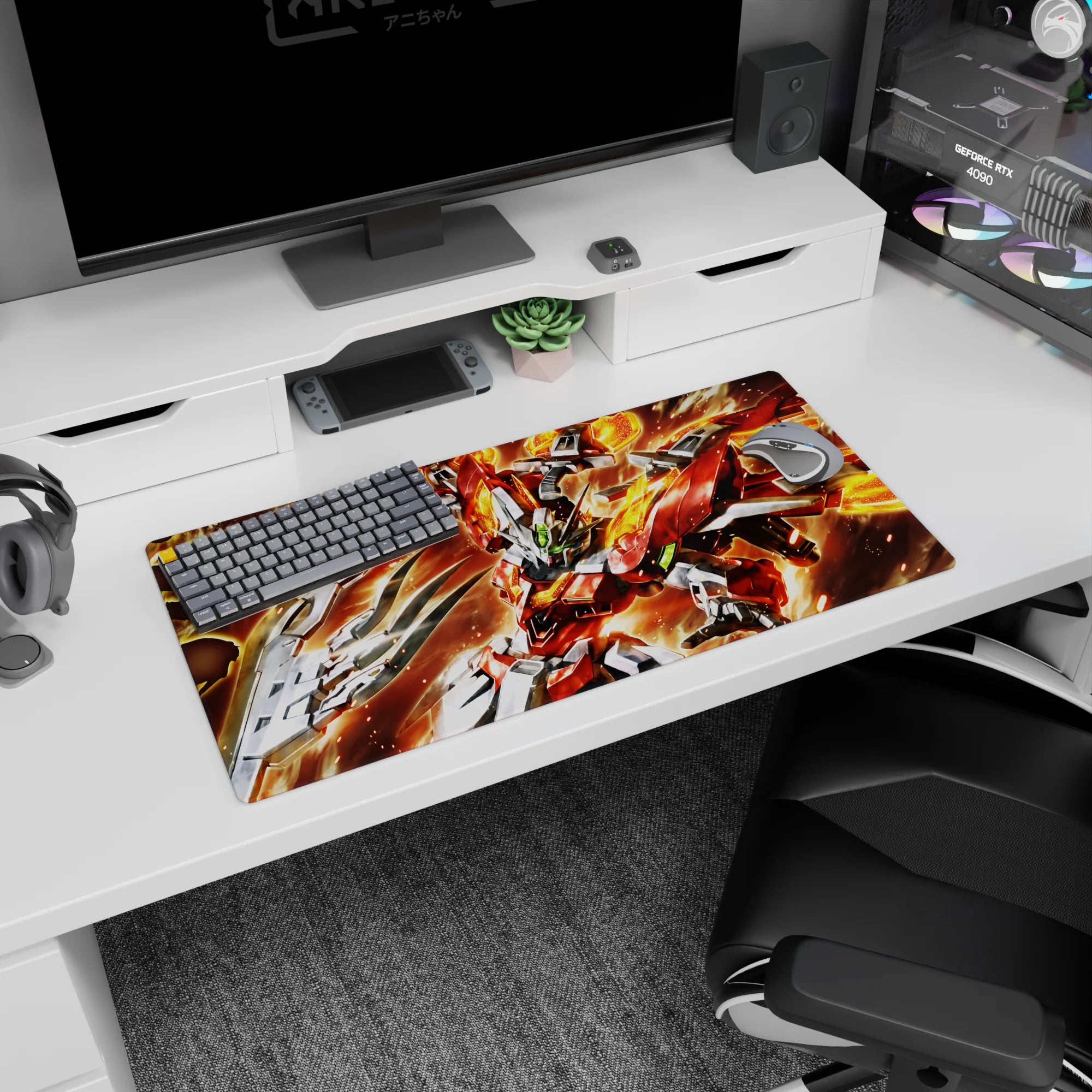 32x16 inches Gundam Build Fighters mouse pad showing Build Burning Gundam punching through a spark storm.