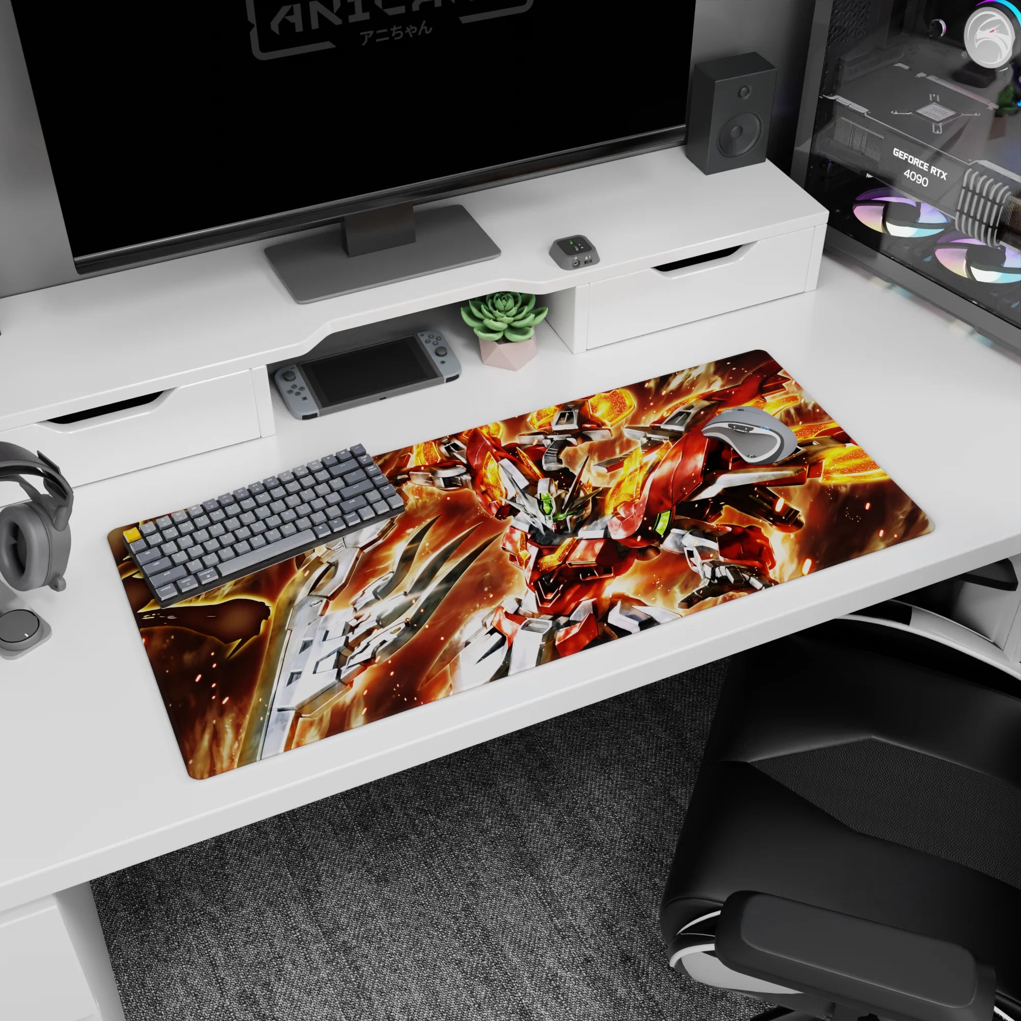 36x16 inches desk pad featuring Build Burning Gundam from Gundam Build Fighters punching through sparks.