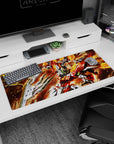36x16 inches desk pad featuring Build Burning Gundam from Gundam Build Fighters punching through sparks.