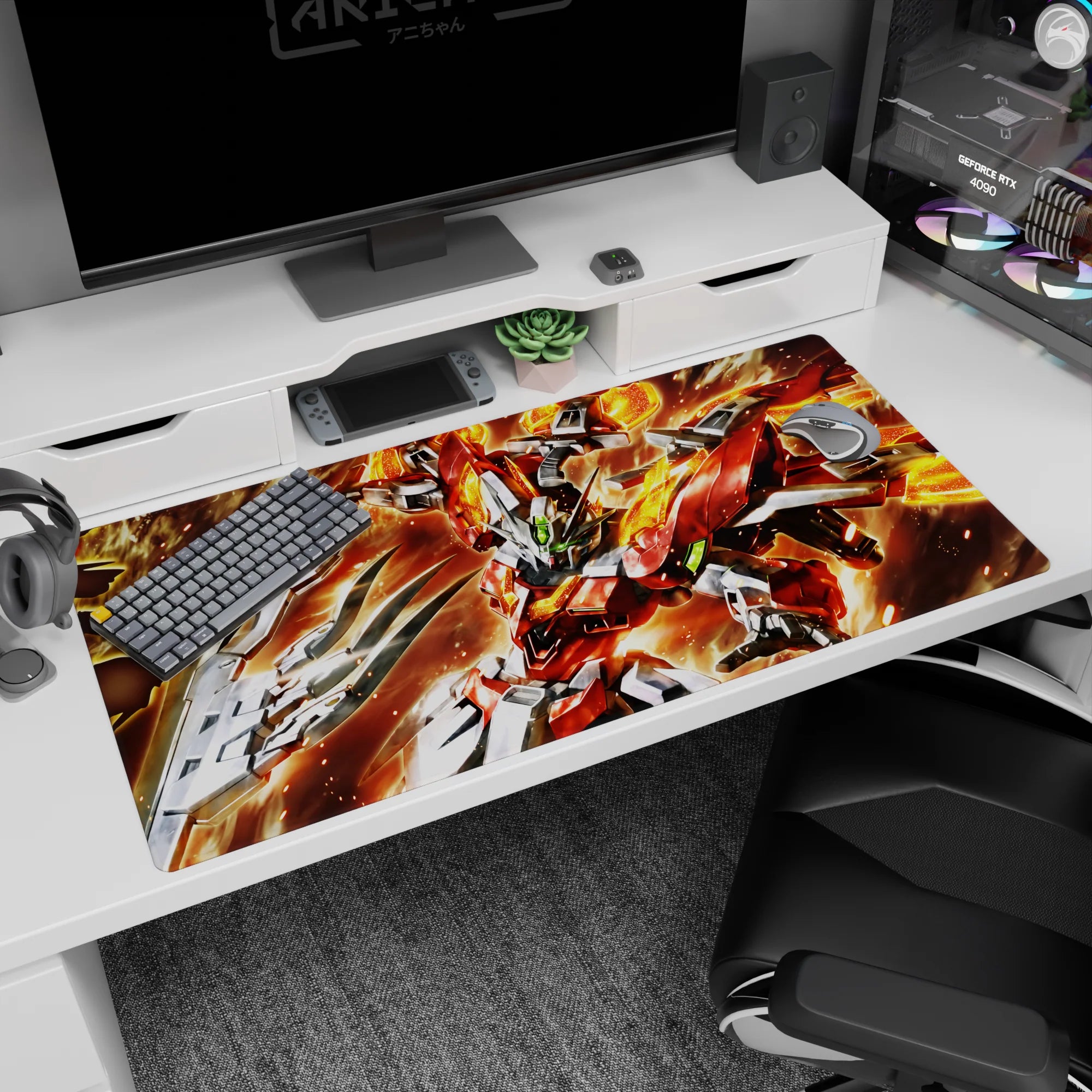 40x20 inches Gundam Build Fighters desk pad showing Build Burning Gundam punching through sparks and heat.