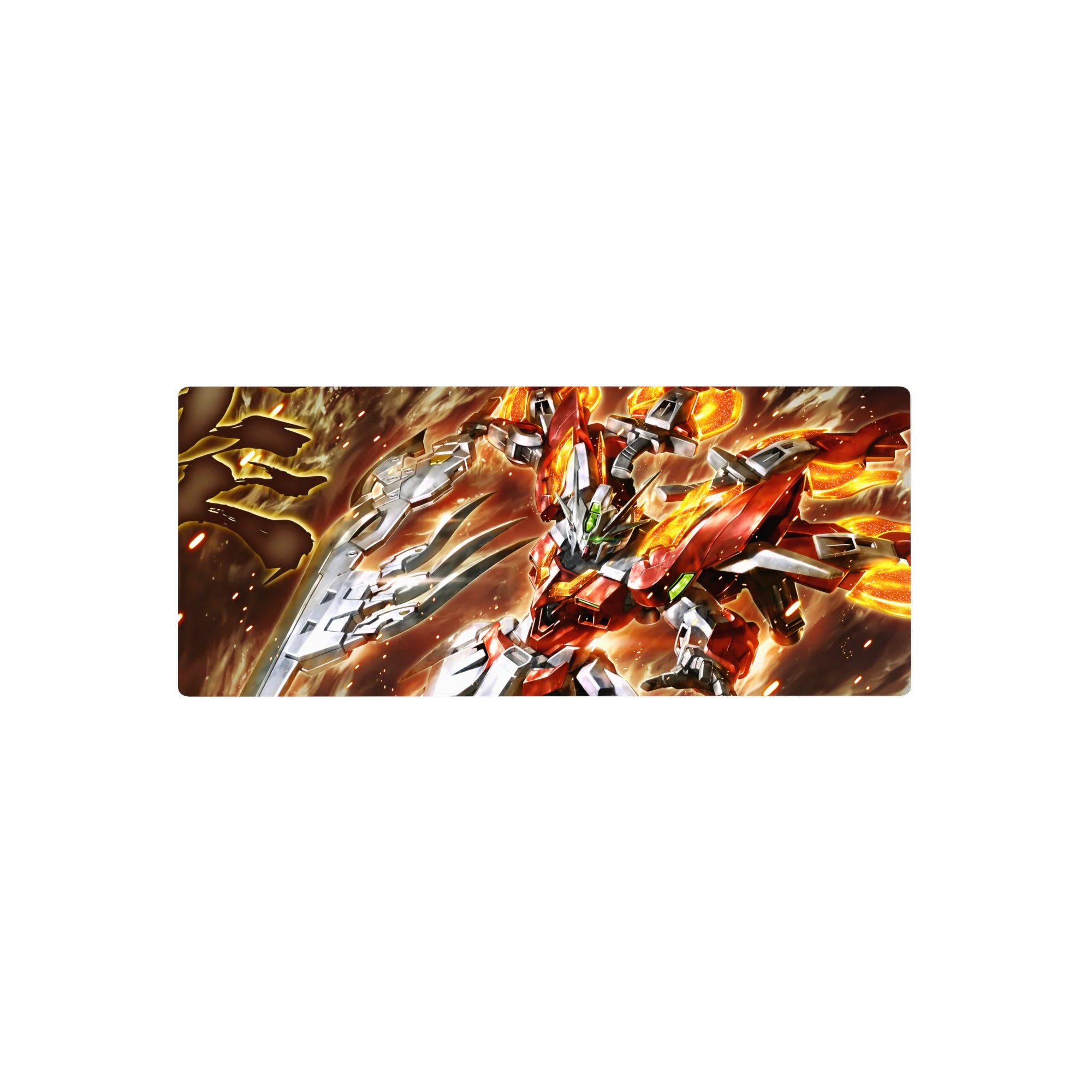 28x12 inches anime mouse pad with mecha battle art, sparks, smoke swirls, and green glowing eyes.