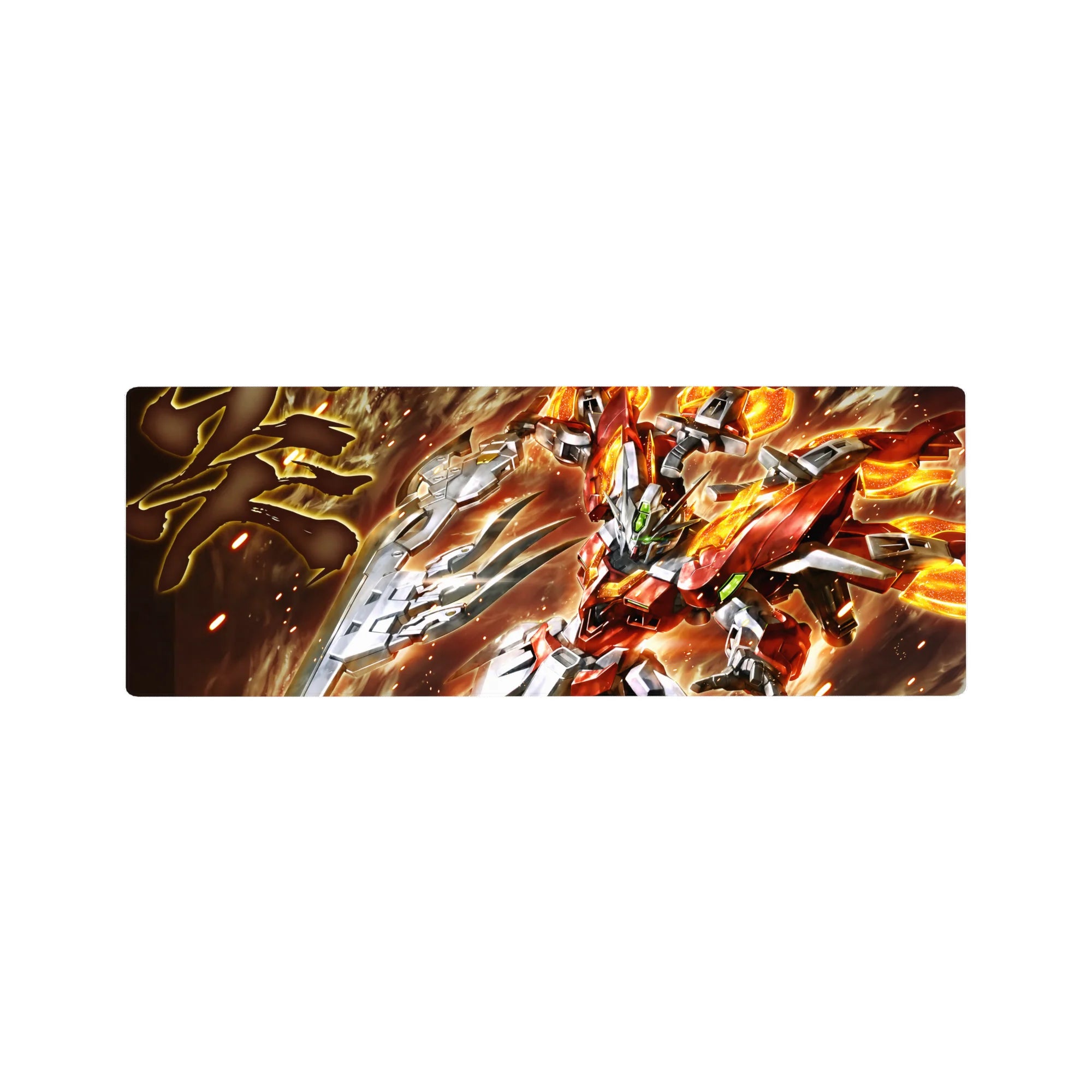 32x12 inches anime mouse pad with Build Burning Gundam action art, sparks, smoke swirl, green eyes.