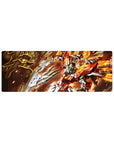 32x12 inches anime mouse pad with Build Burning Gundam action art, sparks, smoke swirl, green eyes.