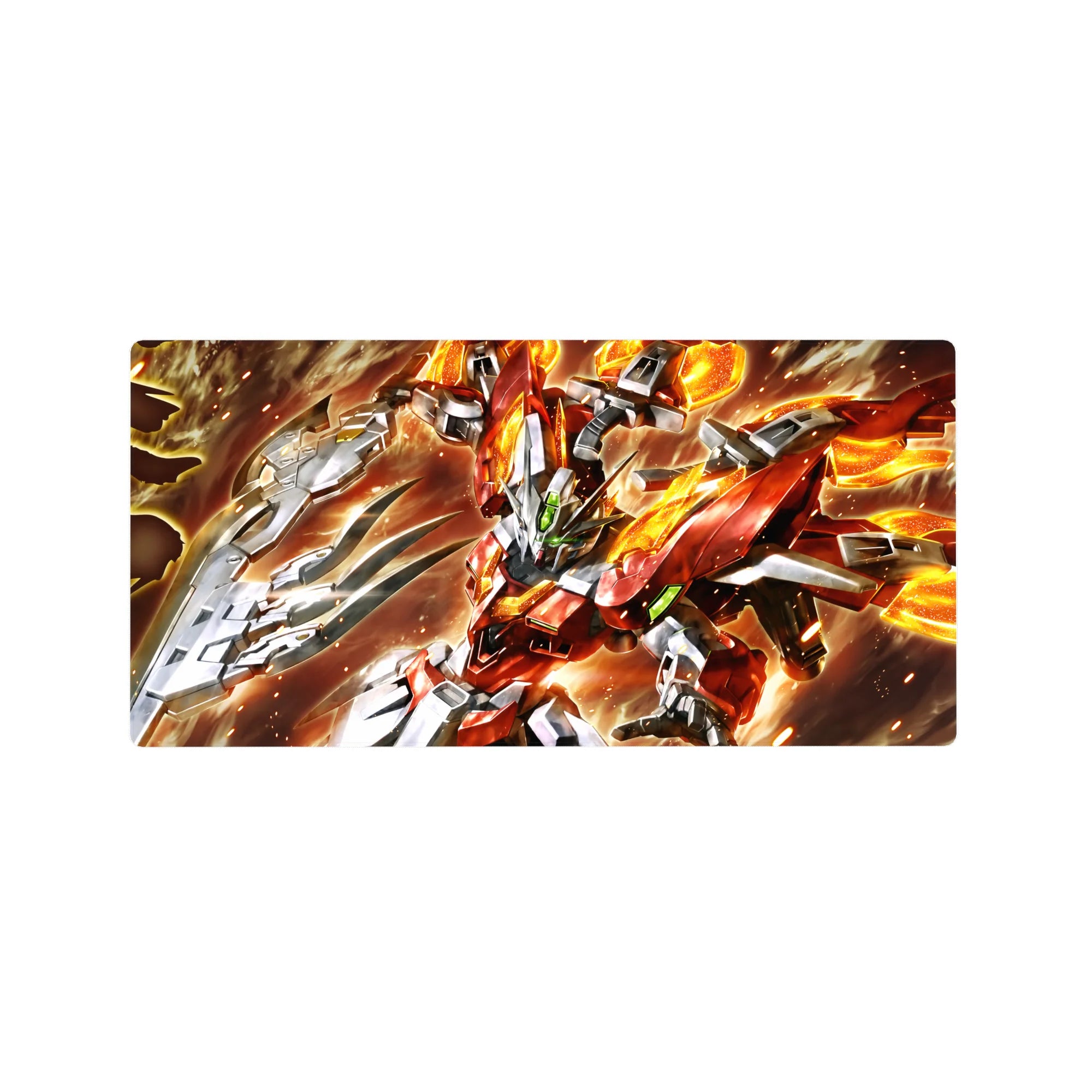 32x16 inches anime mouse pad with mech action scene, sparks and smoke-swirled background for smooth tracking.