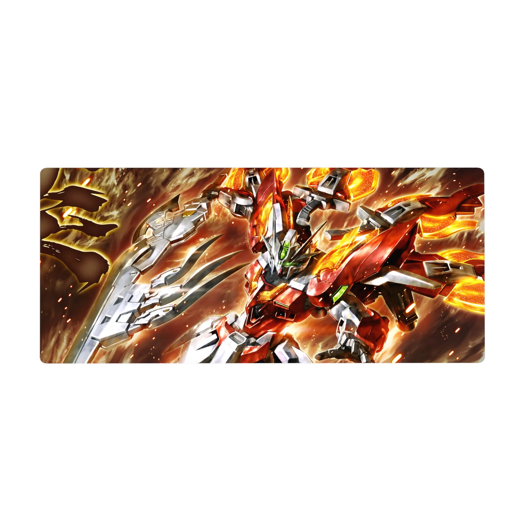 36x16 inches anime desk pad with mecha battle art, sparks, smoke swirl backdrop, smooth tracking surface.