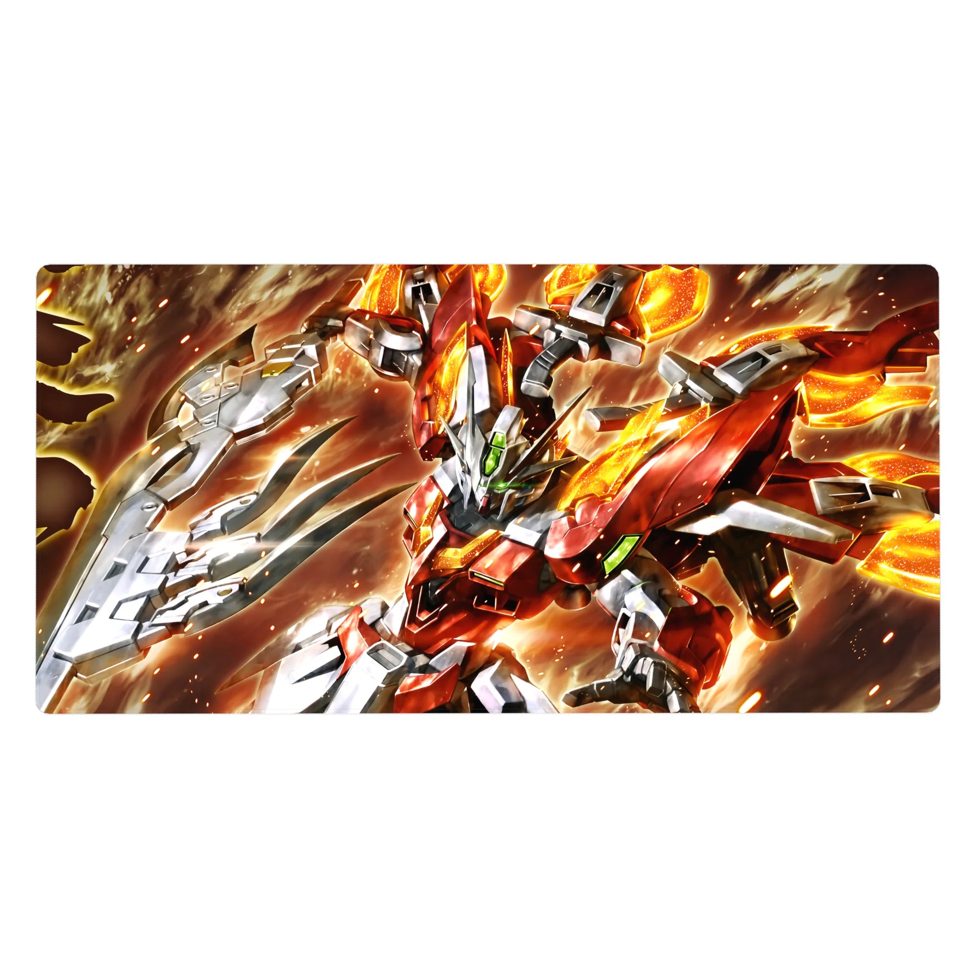 40x20 inches anime desk pad with Build Burning Gundam in a spark-filled action scene and smoke swirl backdrop.