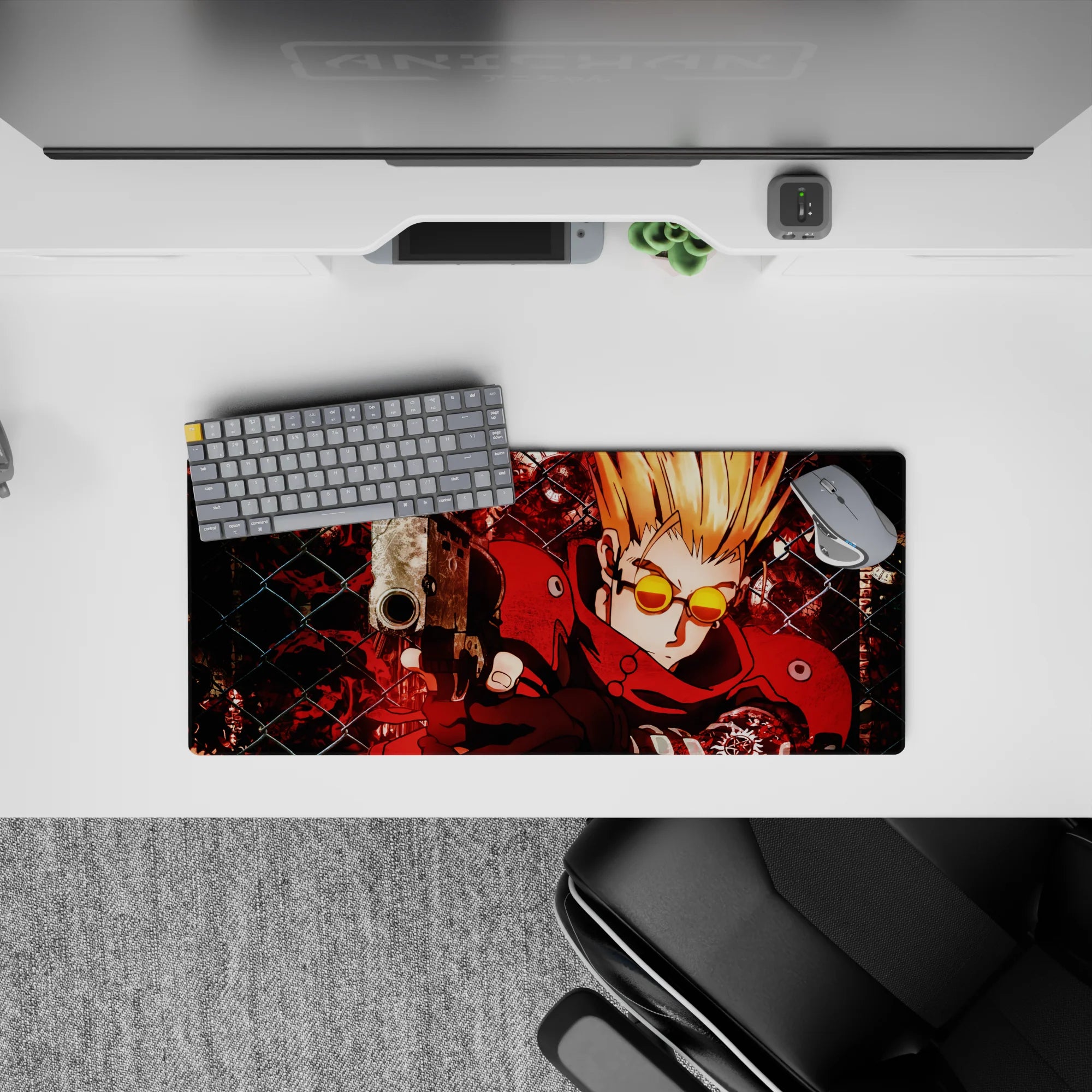 28x12 inches neon red and black anime mouse pad, gritty high-energy desk mat with splatter shadows.