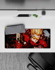 28x12 inches neon red and black anime mouse pad, gritty high-energy desk mat with splatter shadows.