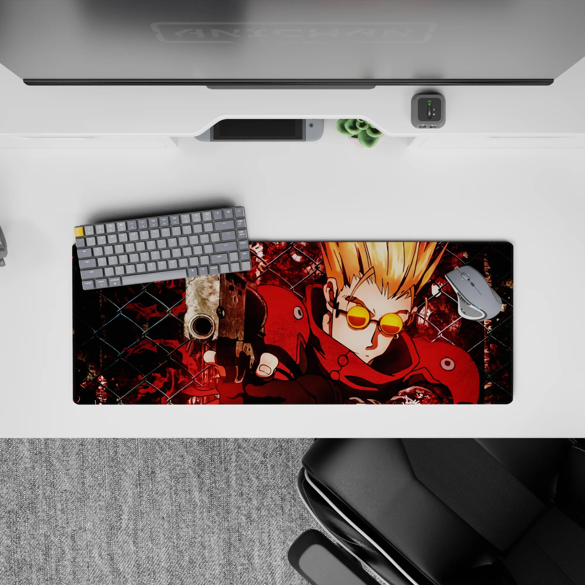 32x12 inches anime mouse pad in neon red and black, gritty high-attitude action vibe with bold contrast.
