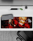 32x12 inches anime mouse pad in neon red and black, gritty high-attitude action vibe with bold contrast.