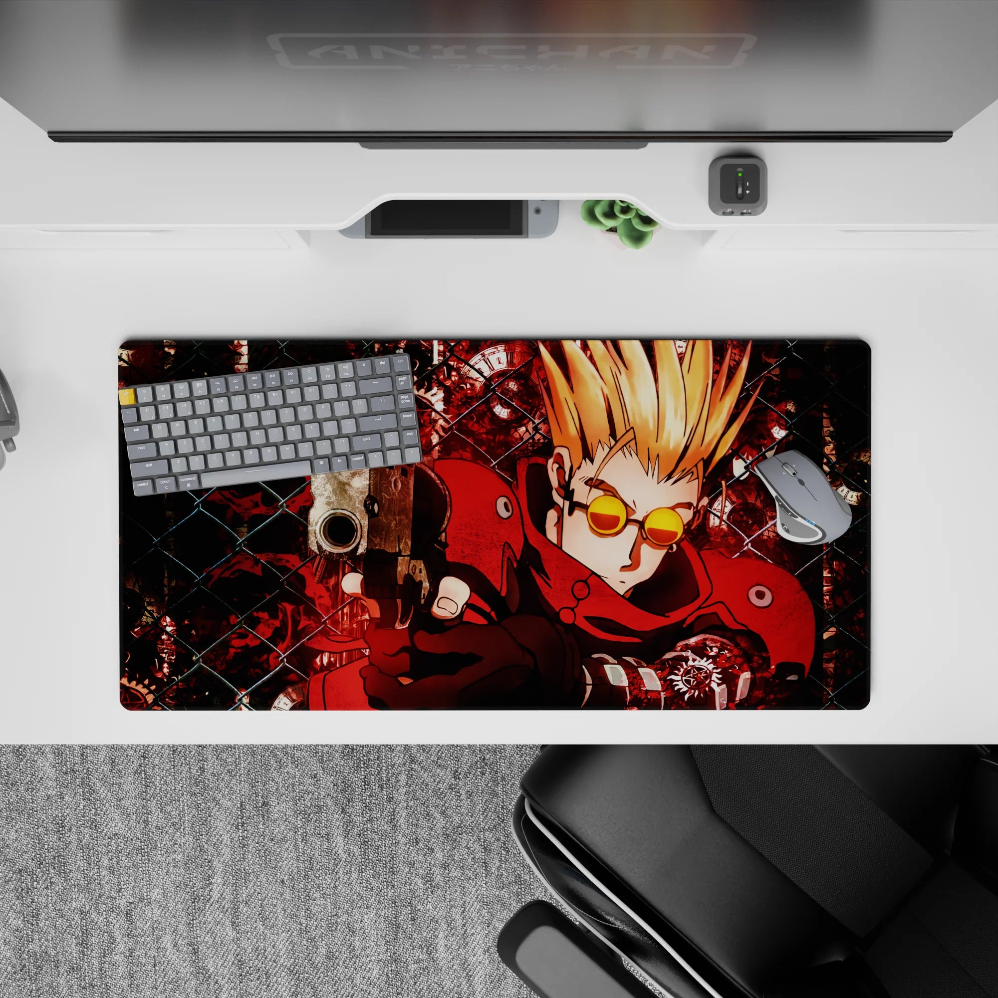 32x16 inches neon red and black anime desk mat with gritty shadows, splatter accents, high-energy vibe.