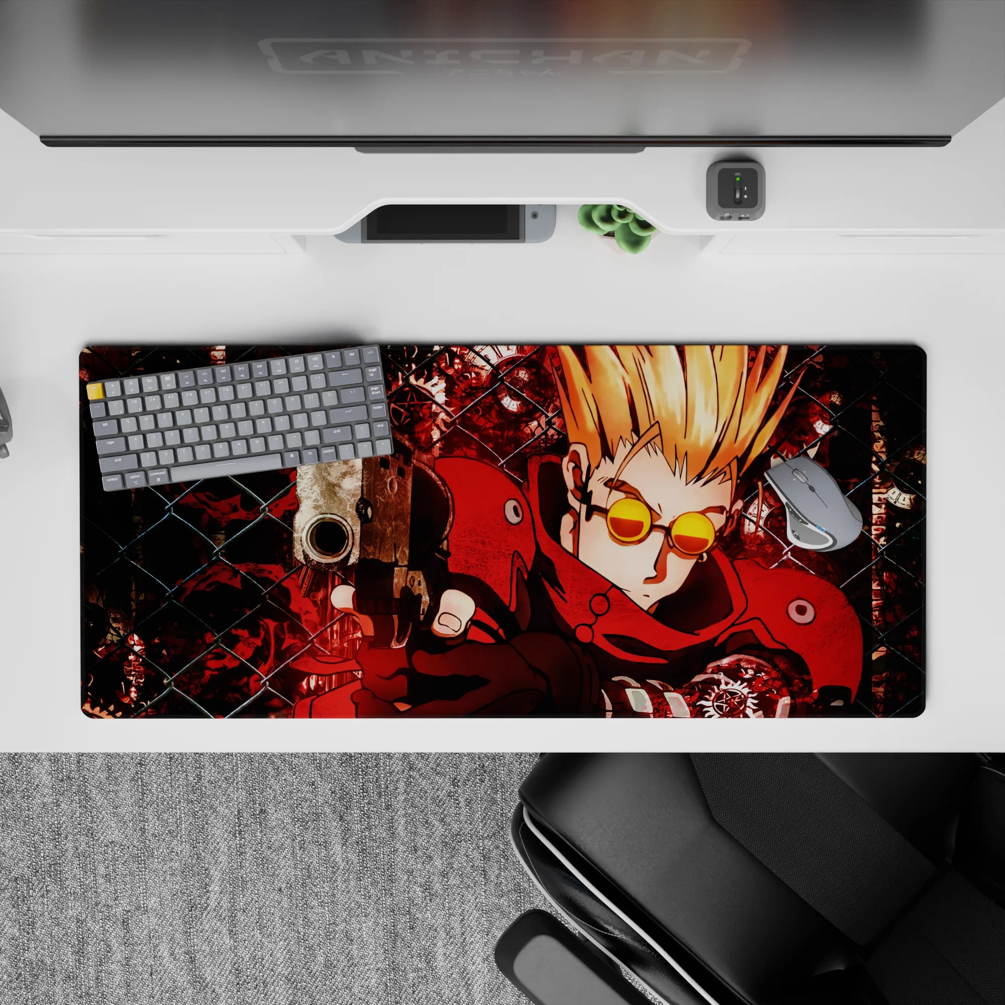36x16 inches anime desk pad in hot reds and deep blacks, gritty high-energy action vibe for gaming.
