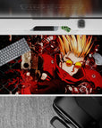 40x20 inches anime desk pad in hot reds and deep blacks, gritty neon action vibe with splatter and steel fencing.