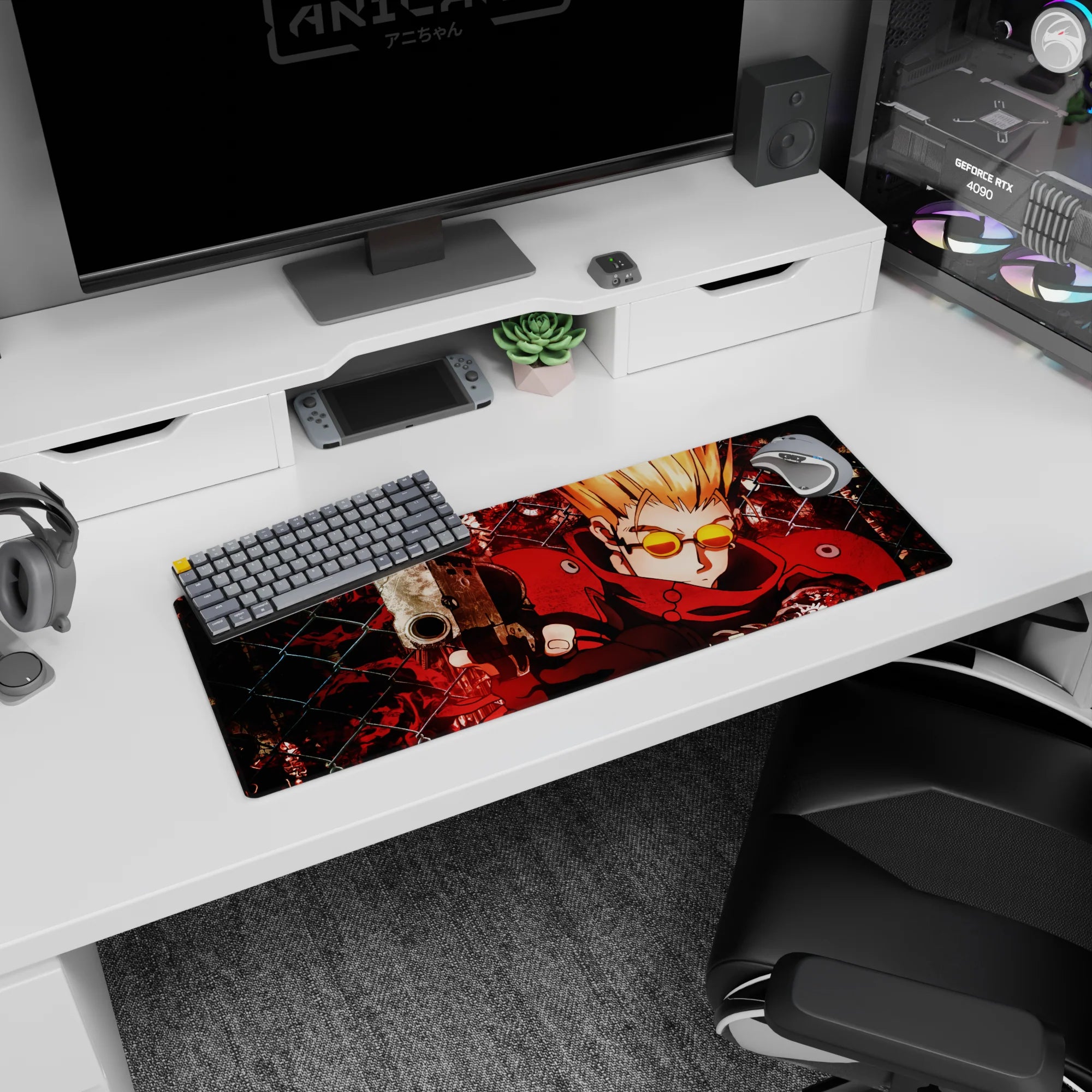 32x12 inches anime mouse pad showing a spiky blond shooter in a crimson coat aiming a pistol forward.