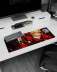 32x12 inches anime mouse pad showing a spiky blond shooter in a crimson coat aiming a pistol forward.