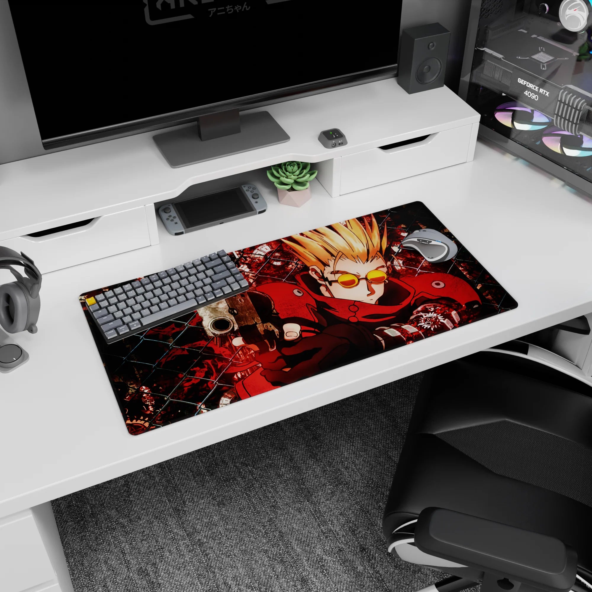 32x16 inches anime mouse pad showing spiky blond shooter in crimson coat and orange shades aiming a pistol.