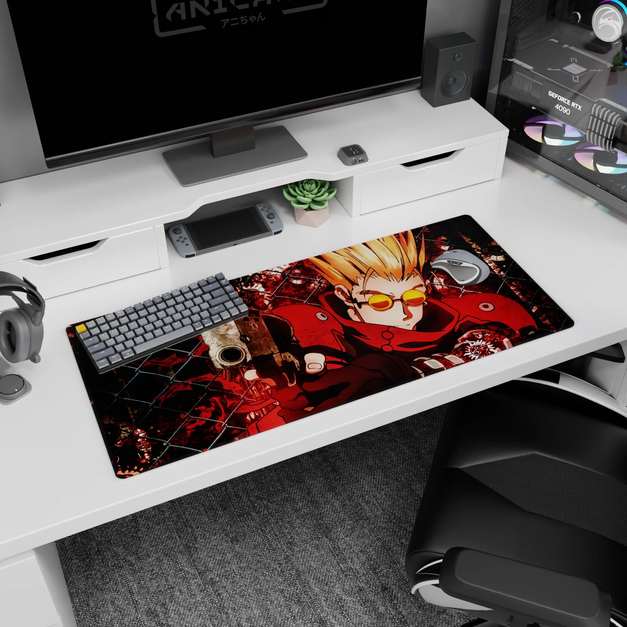 36x16 inches anime desk pad featuring a spiky blond shooter in a crimson coat aiming a pistol forward.