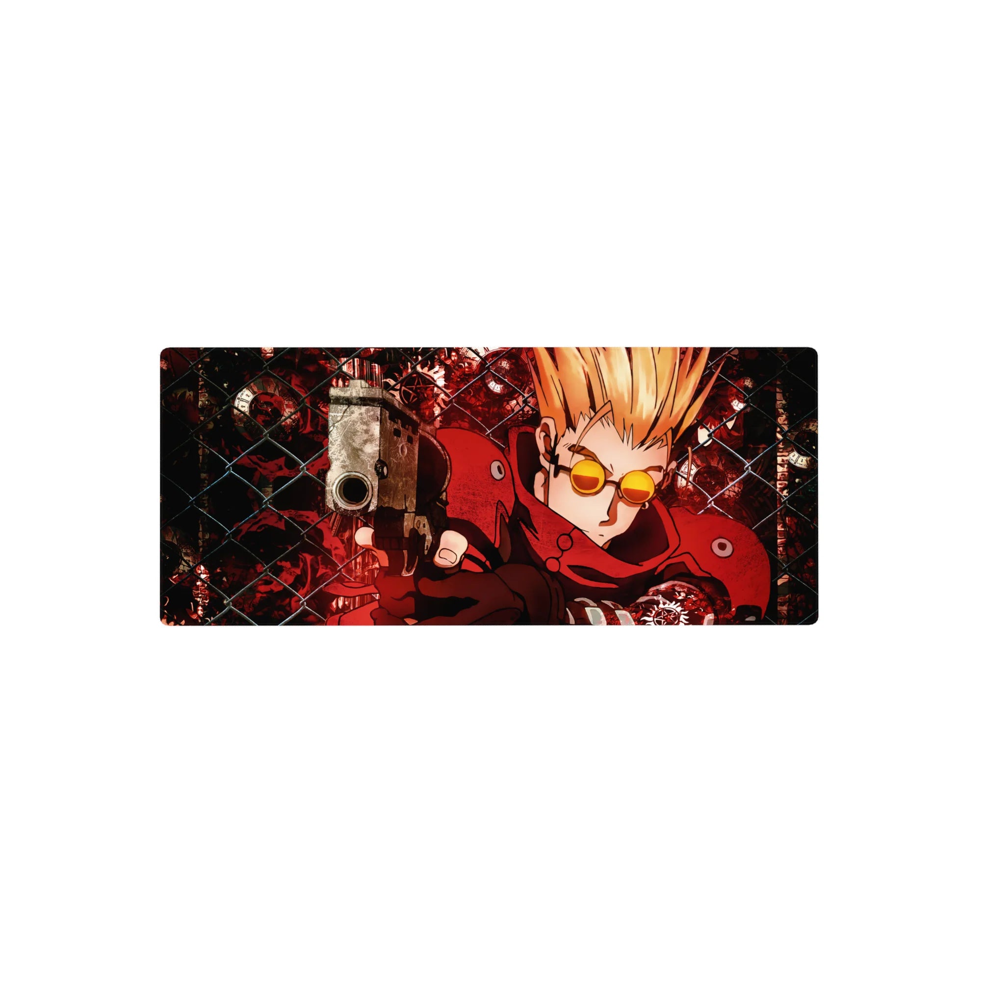 28x12 inches anime mouse pad with blond gunslinger in red coat, chain-link backdrop and clockwork grunge.