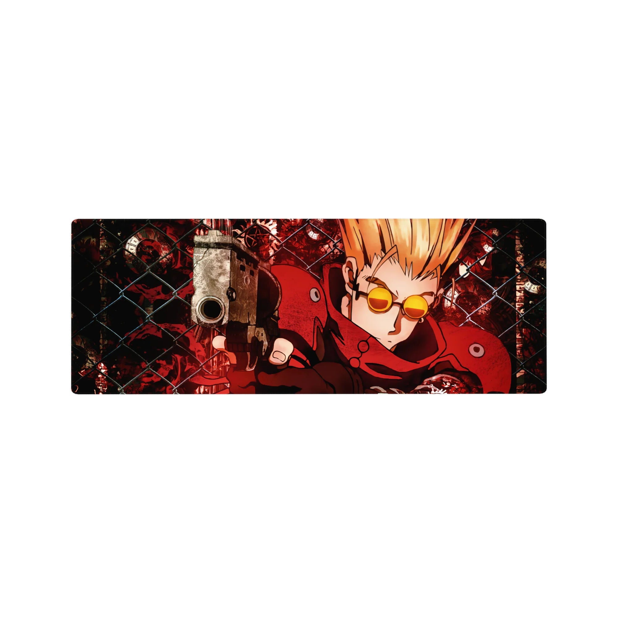 32x12 inches anime mouse pad with blond gunslinger, chain-link fence, clockwork circles, and splatter art.