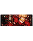 32x12 inches anime mouse pad with blond gunslinger, chain-link fence, clockwork circles, and splatter art.