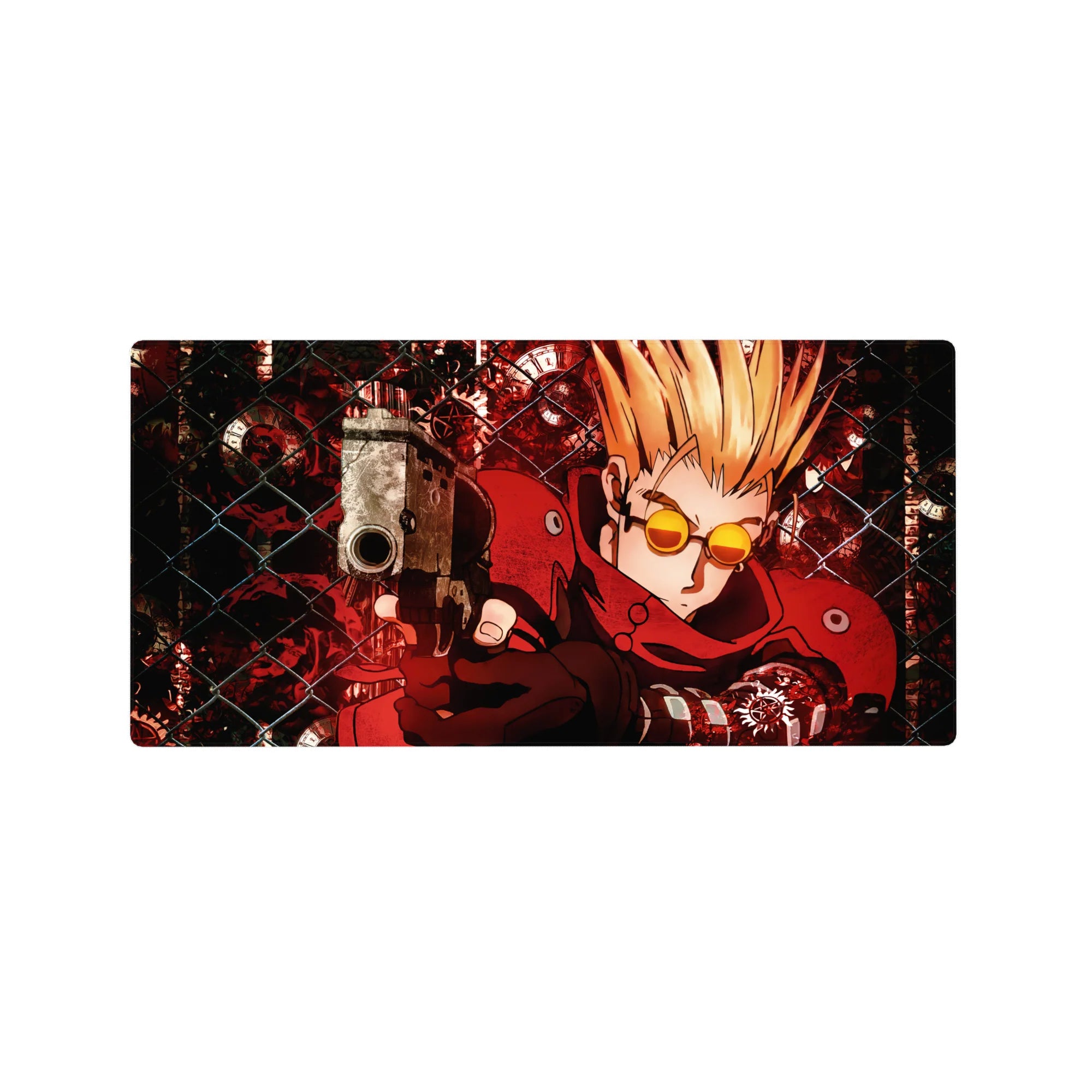 32x16 inches anime mouse pad with blond gunslinger, red coat, pistol aim, chain-link and clockwork backdrop.