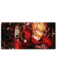 32x16 inches anime mouse pad with blond gunslinger, red coat, pistol aim, chain-link and clockwork backdrop.