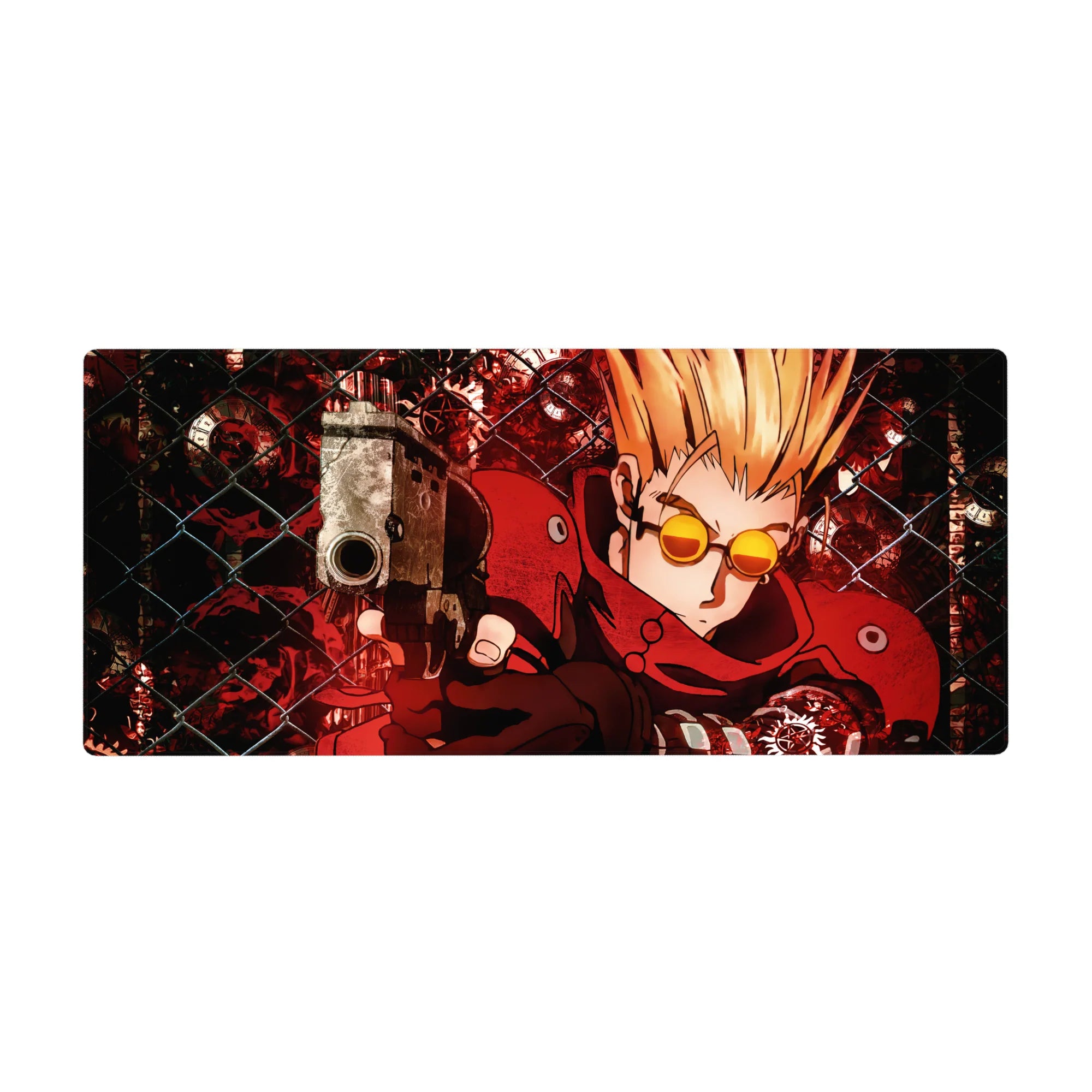 36x16 inches anime desk pad with neon-red gunslinger, chain-link backdrop, clockwork circles, bold black art.