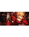36x16 inches anime desk pad with neon-red gunslinger, chain-link backdrop, clockwork circles, bold black art.