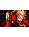 40x20 inches anime desk pad with neon-red gunslinger art, chain-link fence, clockwork circles, bold black accents.