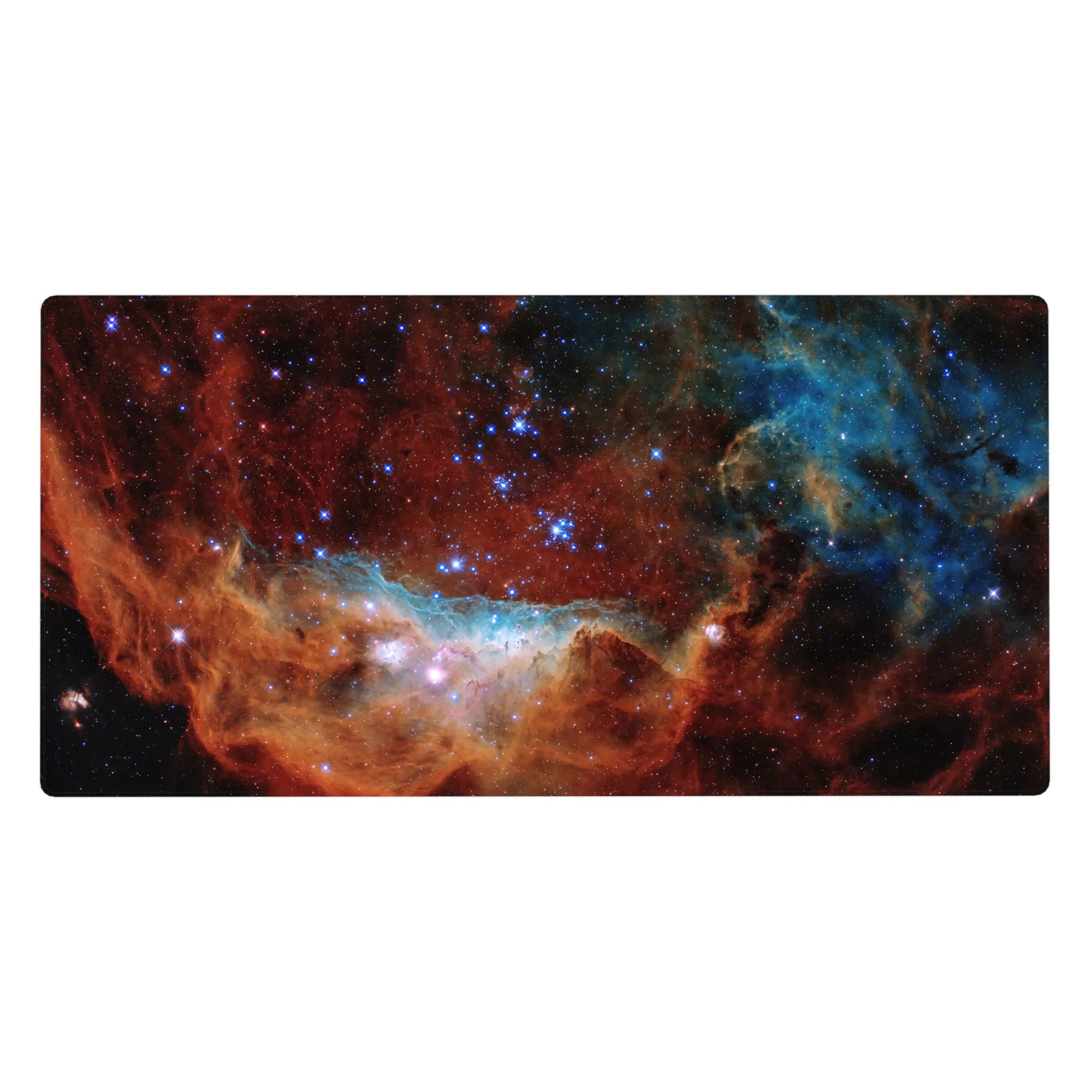 Fiery nebula swirl desk pad 40x20 inches with starry space pattern for keyboard and mouse.