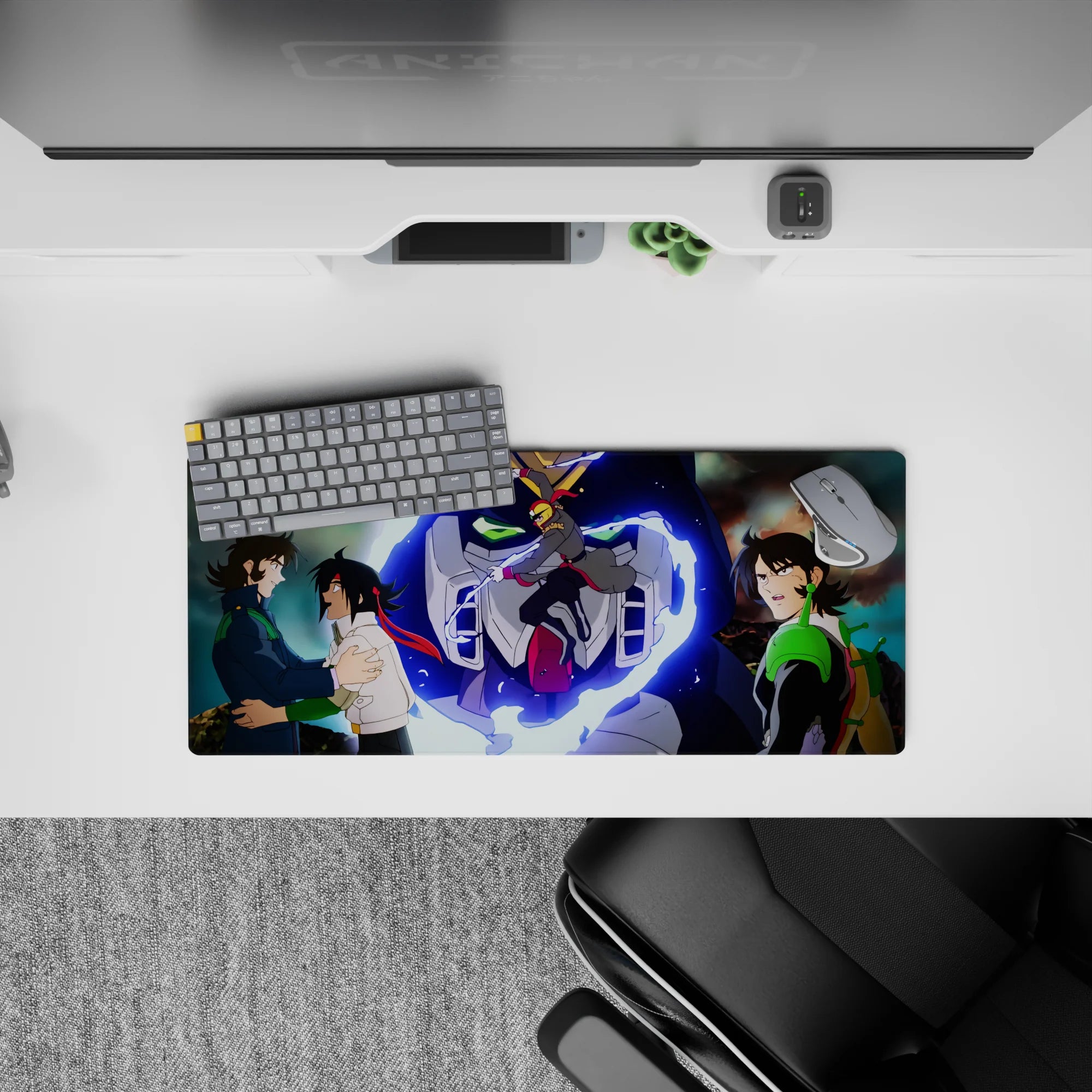 28x12 inches anime mouse pad in neon blue, sharp white, deep navy, and hot red for a dramatic desk vibe.