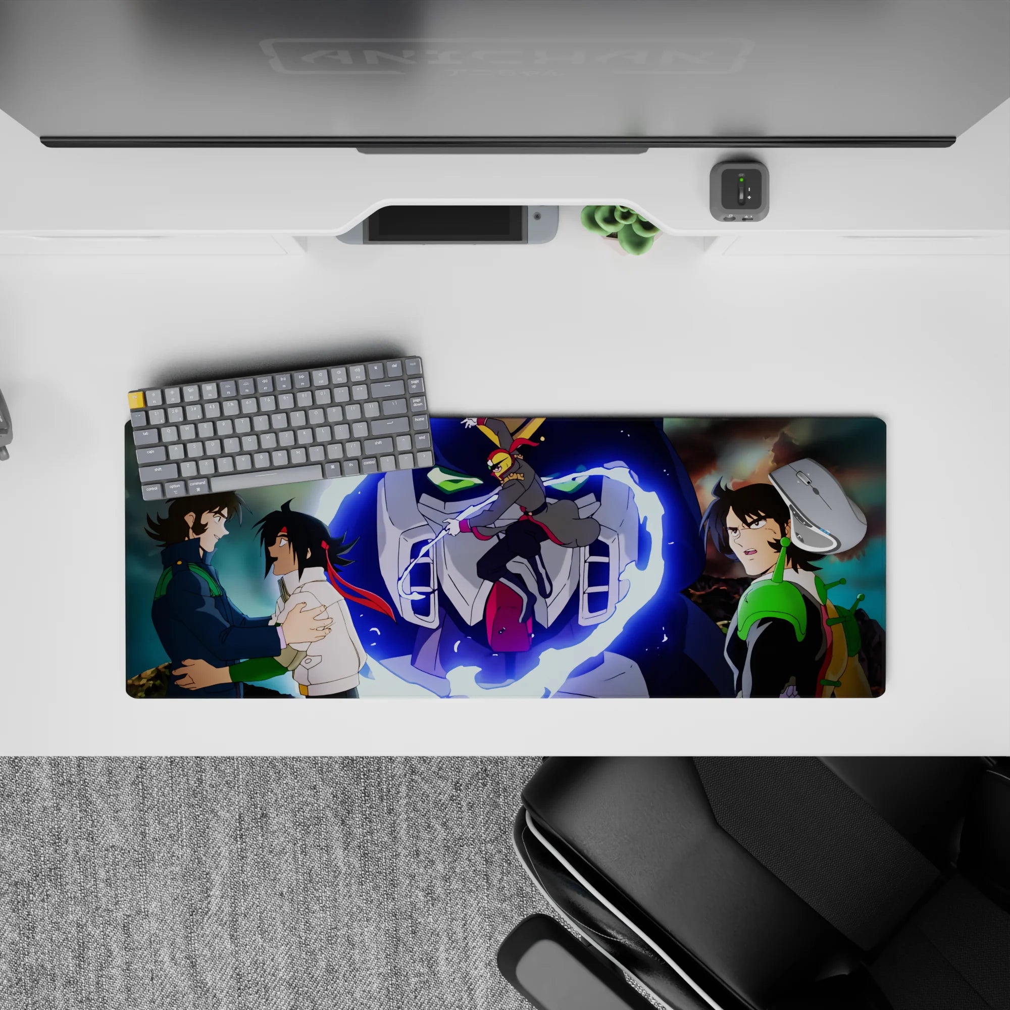 Neon-blue energy swirl anime mouse pad 32x12 inches in sharp white, deep navy, and hot red accents.