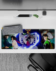 Neon-blue energy swirl anime mouse pad 32x12 inches in sharp white, deep navy, and hot red accents.