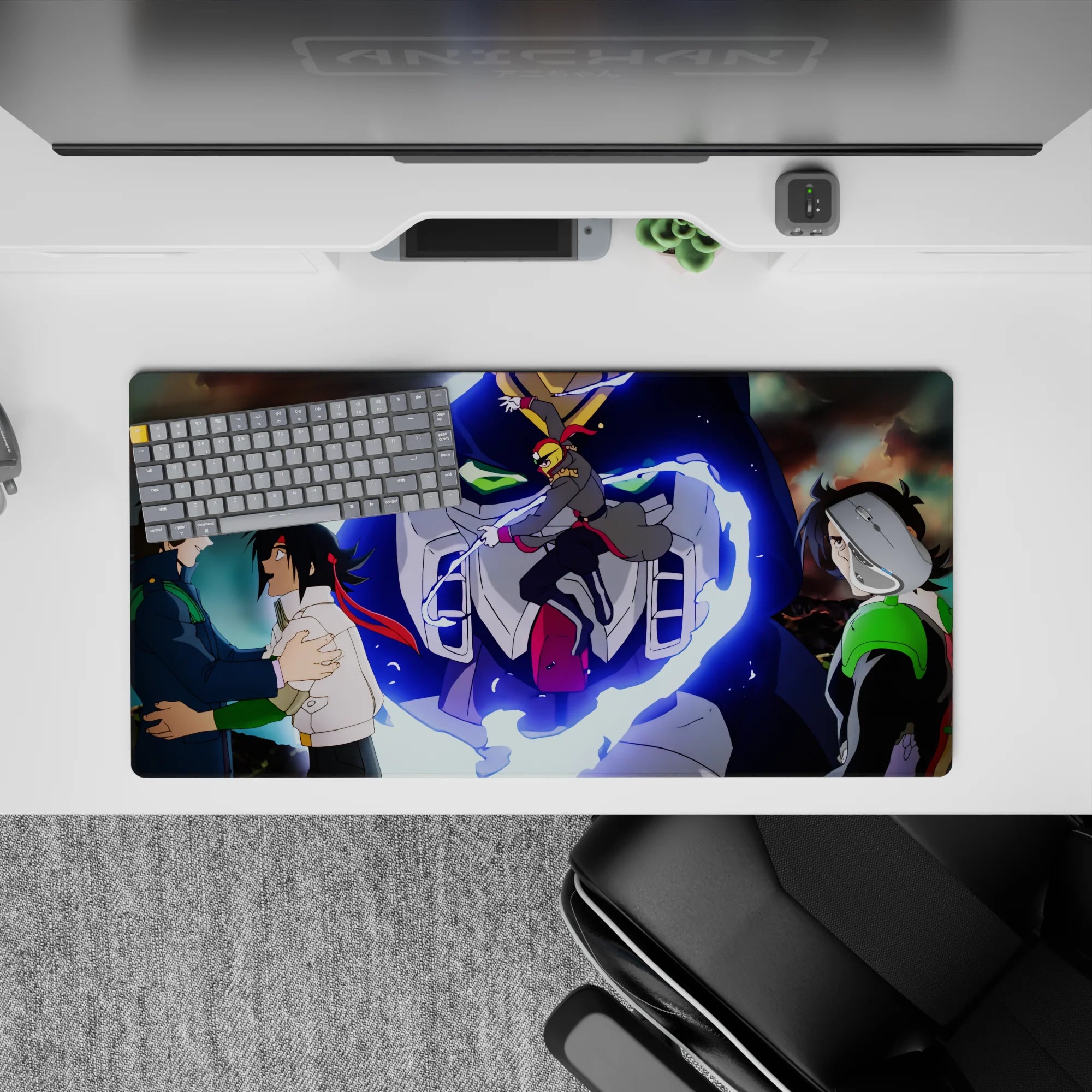32x16 inches anime mouse pad in sharp white and deep navy with hot red pops and neon-blue swirl.
