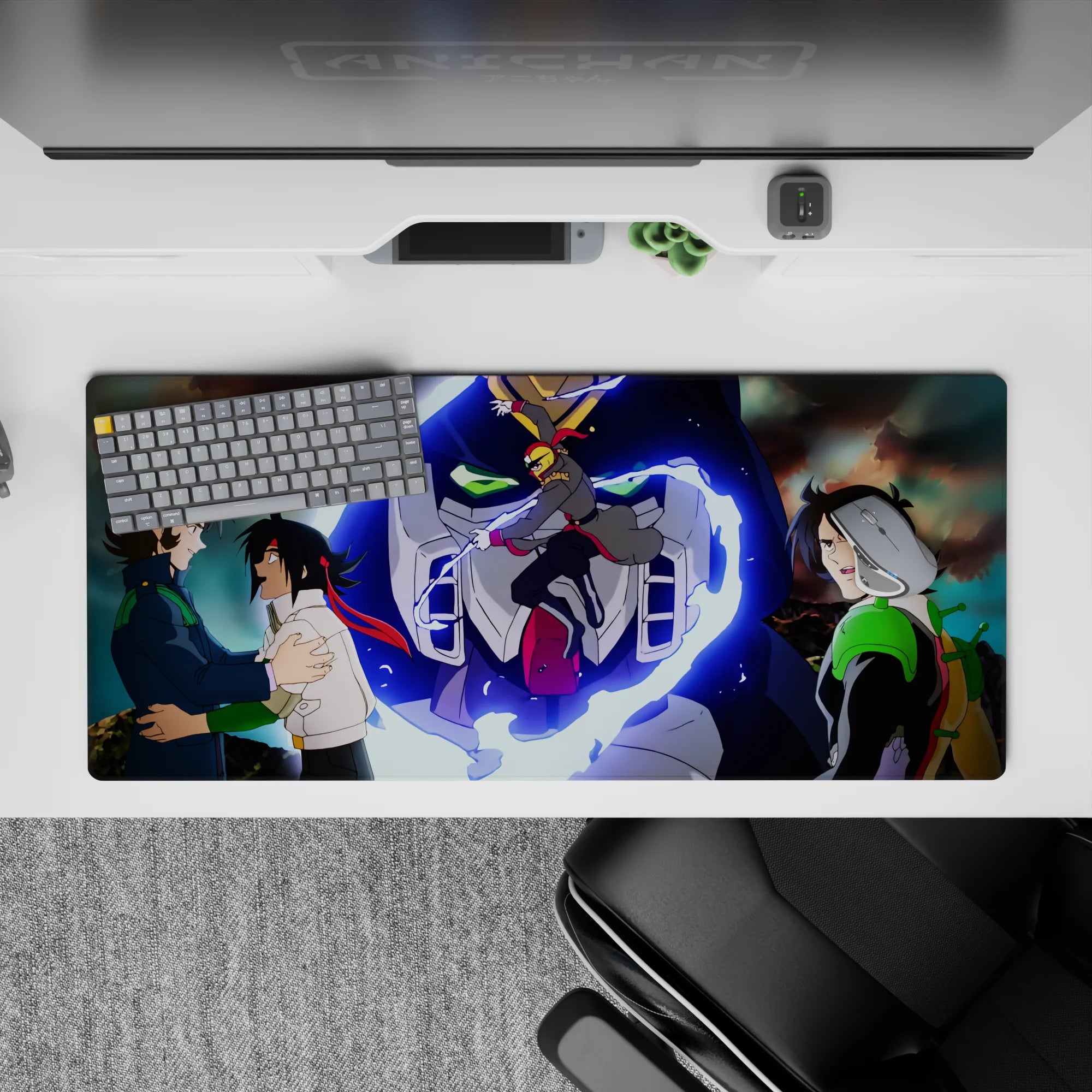 36x16 inches anime desk pad with neon-blue energy, deep navy, sharp whites, and hot red accents.