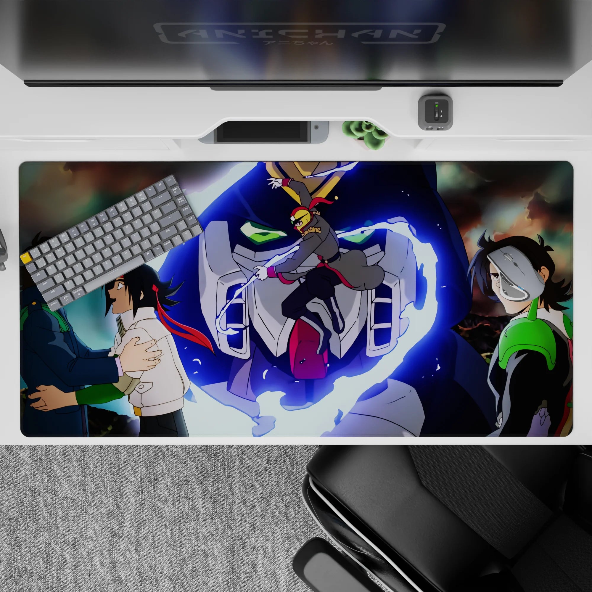 40x20 inches anime desk pad with neon-blue energy, deep navy, sharp whites, and hot red accents.