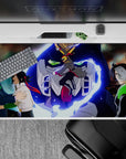 40x20 inches anime desk pad with neon-blue energy, deep navy, sharp whites, and hot red accents.