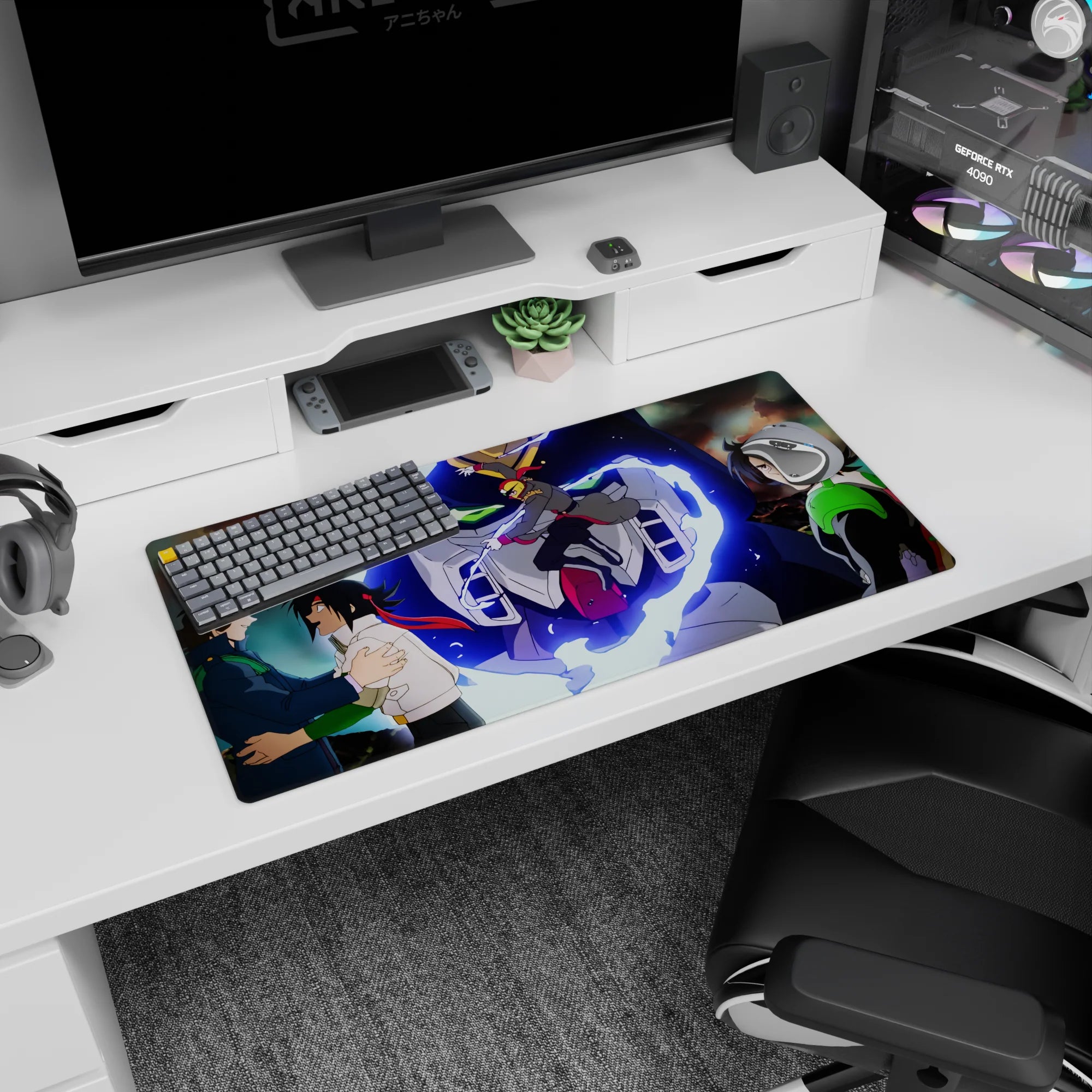 32x16 inches Code Geass mouse pad showing Suzaku Kururugi facing Lelouch as a towering mecha looms.